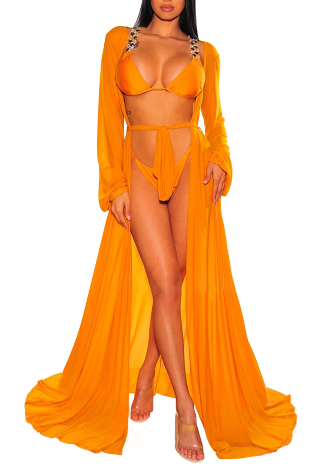 **Sexy Women's Mesh Long Sleeve Tie-Front Swimsuit Cover Up Dress - Beach Maxi Dress for Pool, Vacation & Summer Outfits**