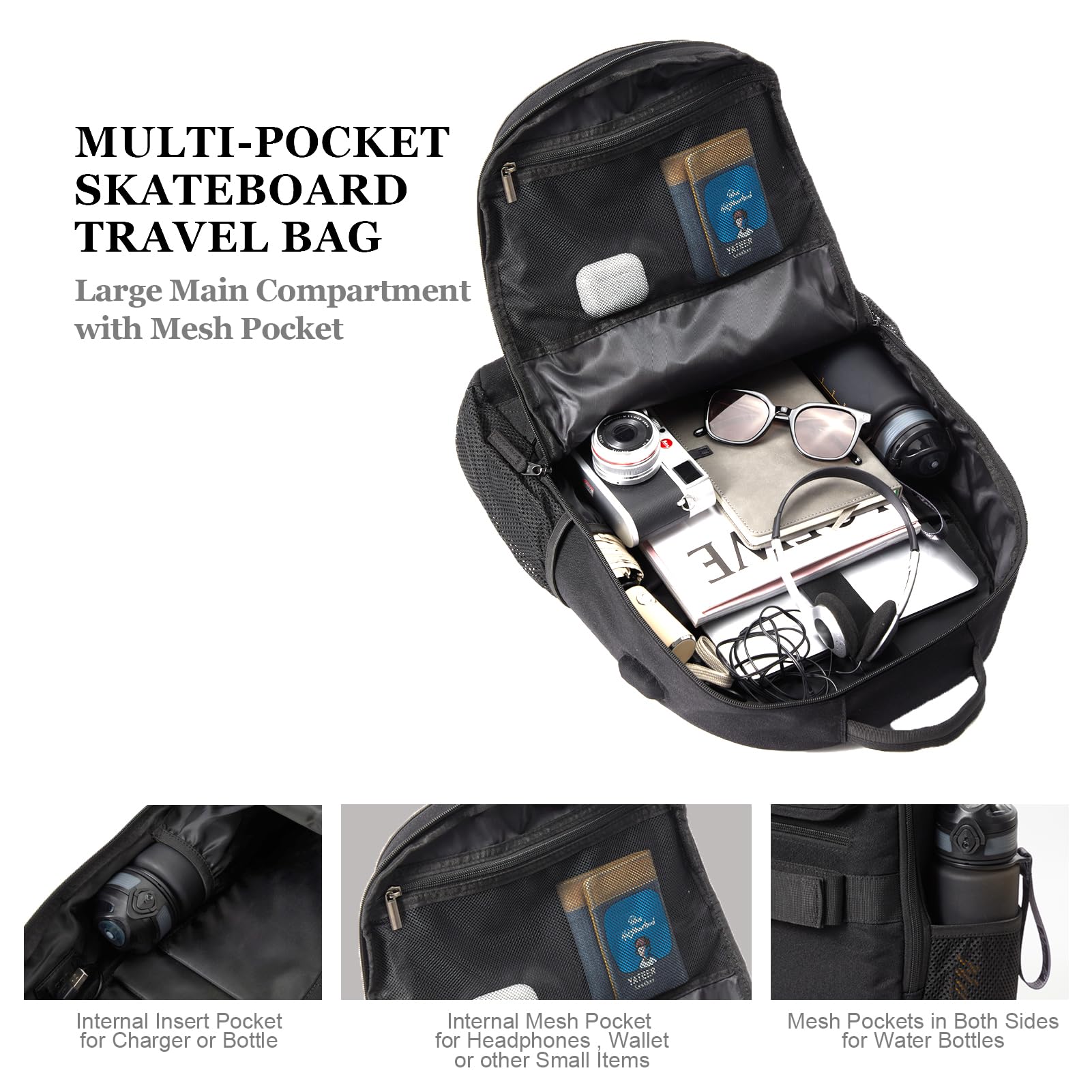 **Skateboard Backpack for Men & Women - Large Durable Skateboard Bag with USB Charging Port, Laptop Compartment - Perfect for Skateboarding, College, Travel & Commuting (Black)**