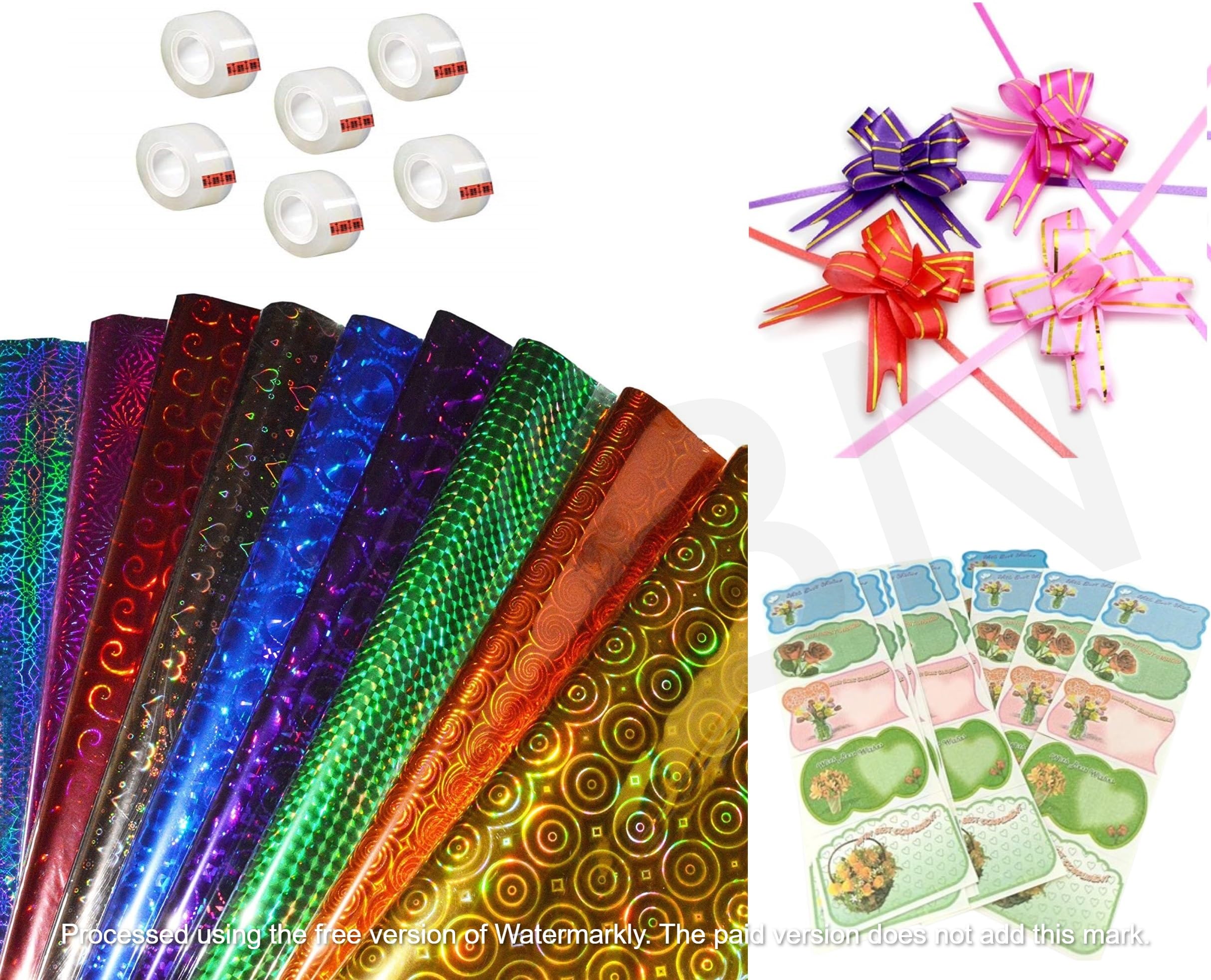 25 PCS Holographic Gift Wrapping Sheets with 40 Name Tags, 30 Ribbons & 4 Clear Tapes - 45x65cm - Premium Christmas Birthday Present Packaging Supplies for DIY Crafts, Party Favors & Holiday Gifts