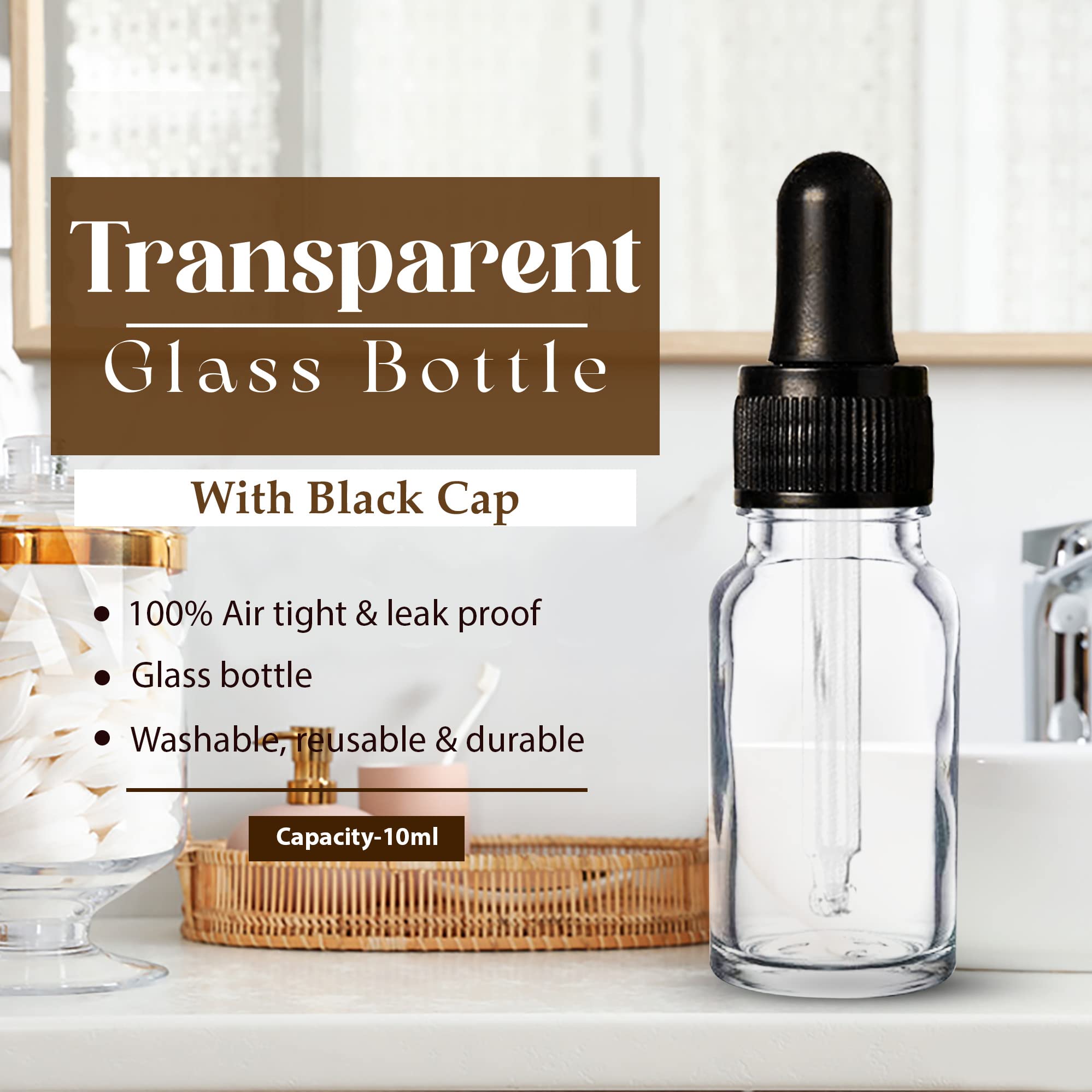 NSB Herbals 10ml Clear Round Empty Glass Bottle with Glass Dropper & Black Silicone Teat - Refillable Essential Oil & Perfume Container (Pack of 3) | Perfect for DIY Aromatherapy, Travel Size Liquids & Homemade Beauty Products