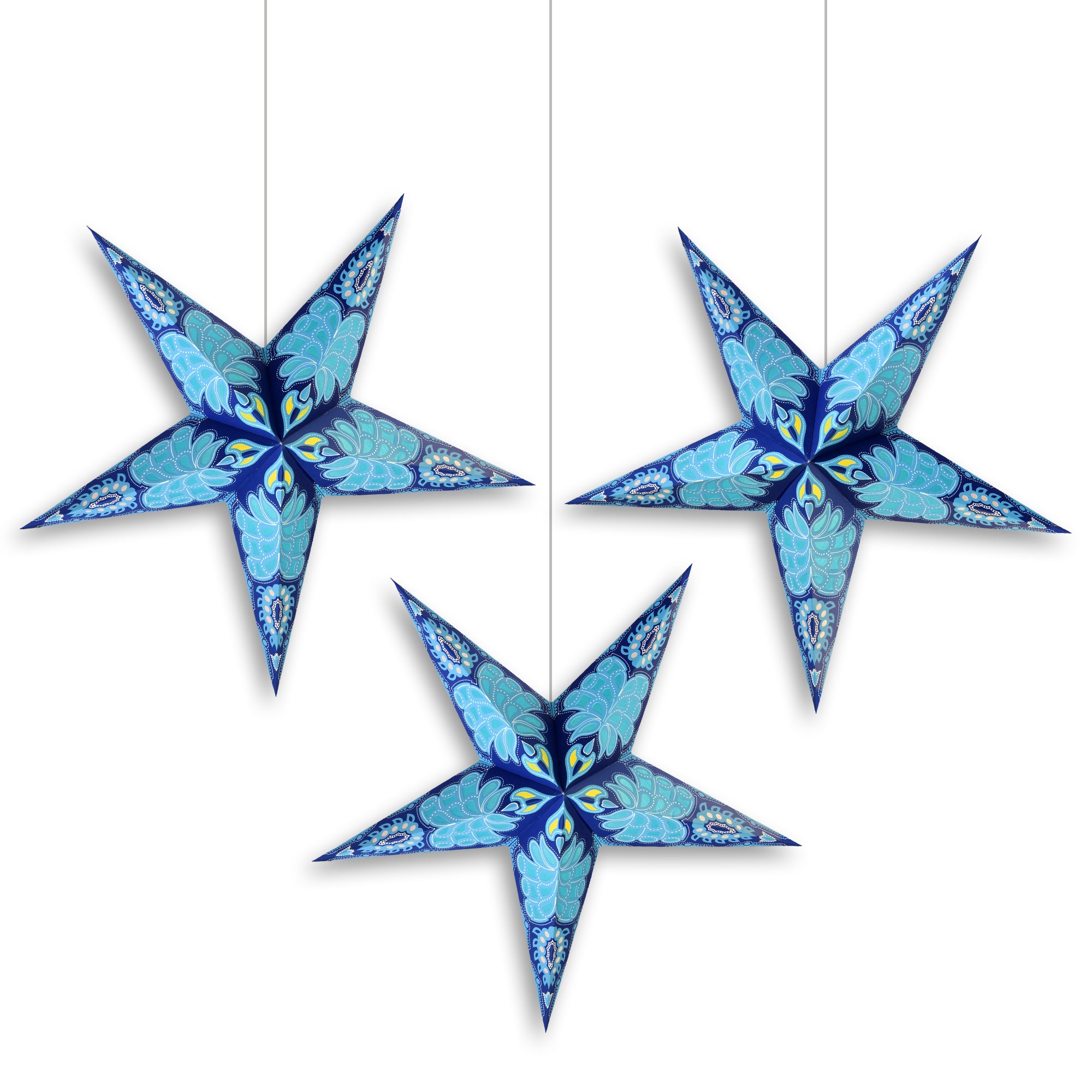 3 Pack 24 Inch Blue Astral Glow Paper Star Lanterns with Triple Pendant Lights - Perfect for Bedroom, Party, Wedding & Outdoor Decor