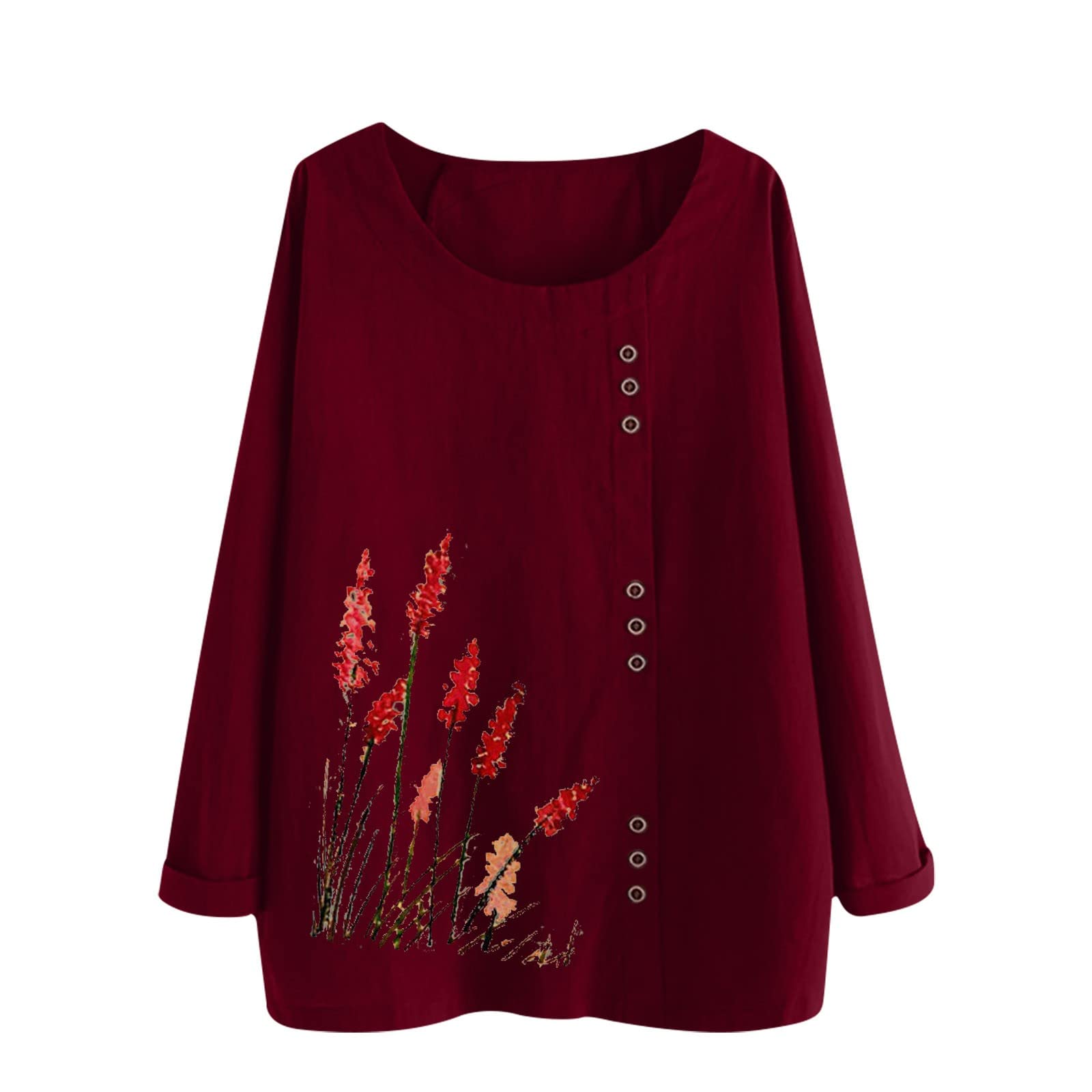 Plus Size Women's Cotton Linen Tops - Long Sleeve Graphic Tees & Crewneck Sweatshirts for Fall | Loose Button Shirts for Casual Wear, Office & Weekend Outfits