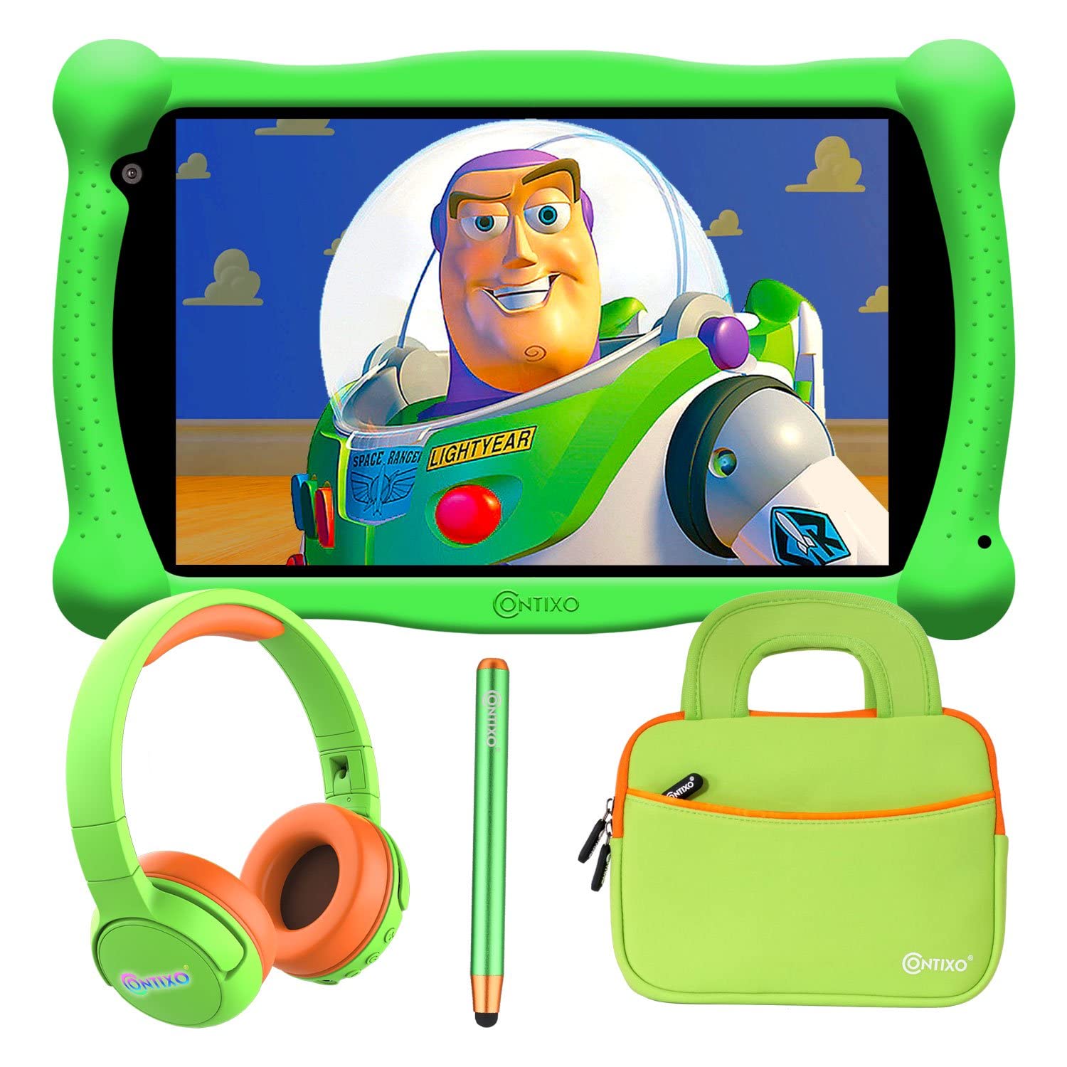 Contixo 7 Inch Educational Kids Tablet with Bluetooth Headphones & Carrying Case - Preloaded Learning Apps, Parental Controls - Green Bundle | Perfect for Homeschooling, Travel & Early Childhood Development
