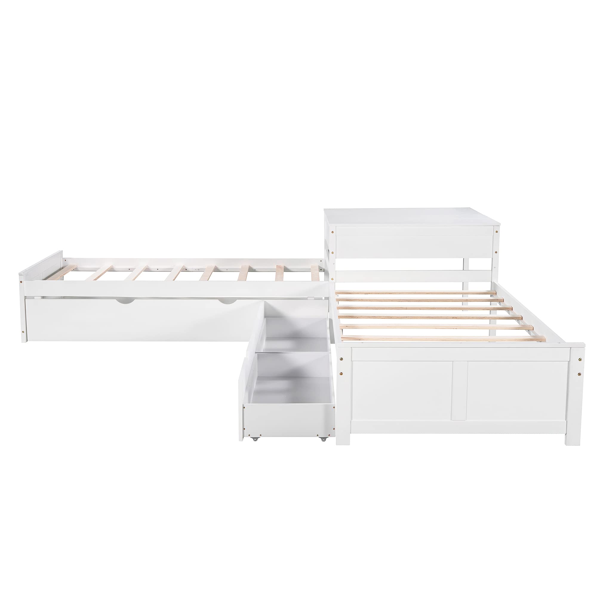 P PURLOVE L-Shaped Triple Bed Frame with Trundle & Storage Drawers - Wooden Platform Bed with Built-in Study Desk for Kids & Teens - Perfect for Small Bedrooms, Dorm Rooms & Space-Saving Kids' Rooms