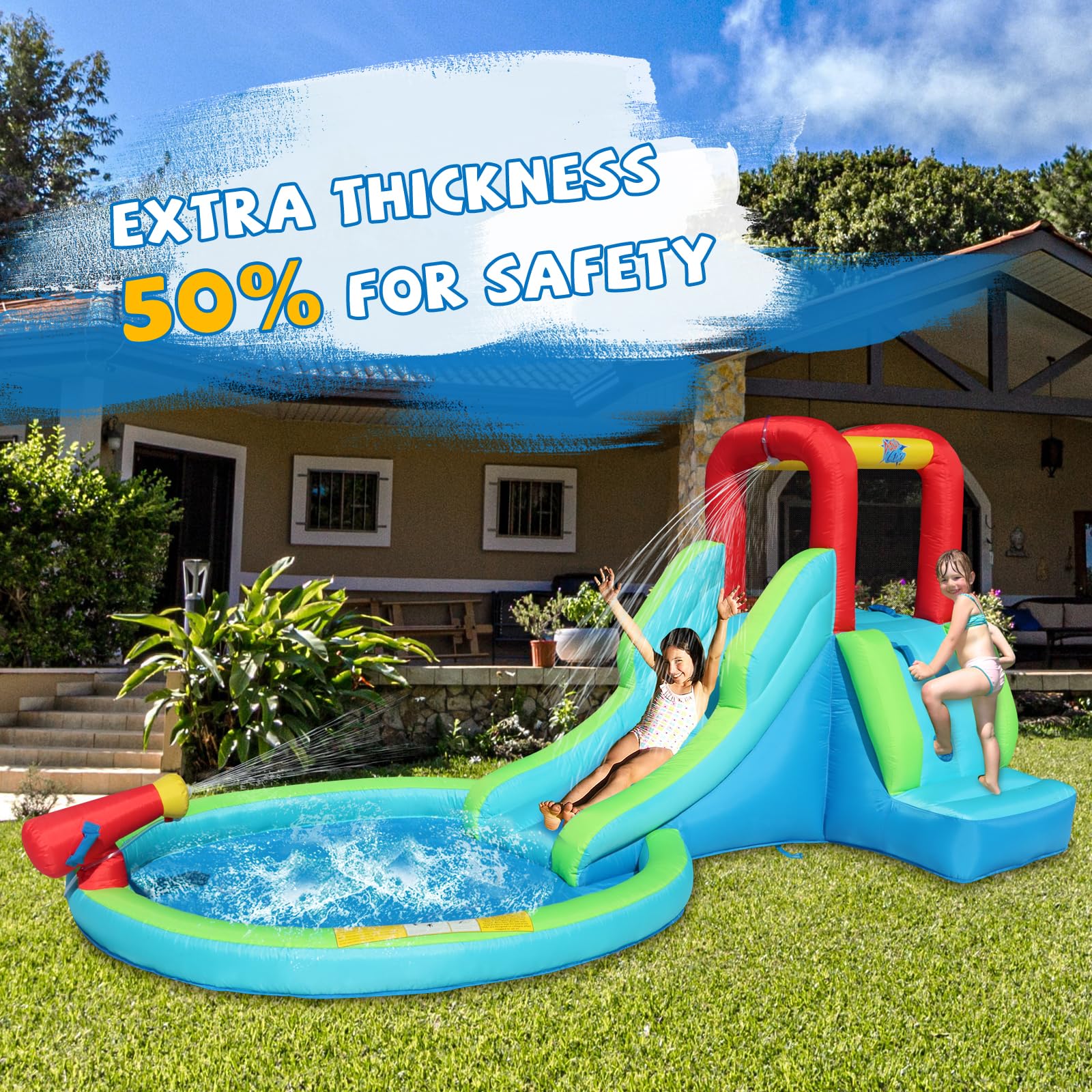 Inflatable Waterslide with Bounce House for Kids - Outdoor Water Park Slide for Wet & Dry Play - Summer Backyard Fun with Water Gun & Splash Pool - Ages 3-8 - Perfect for Birthday Parties, Backyard Playdates & Summer Celebrations