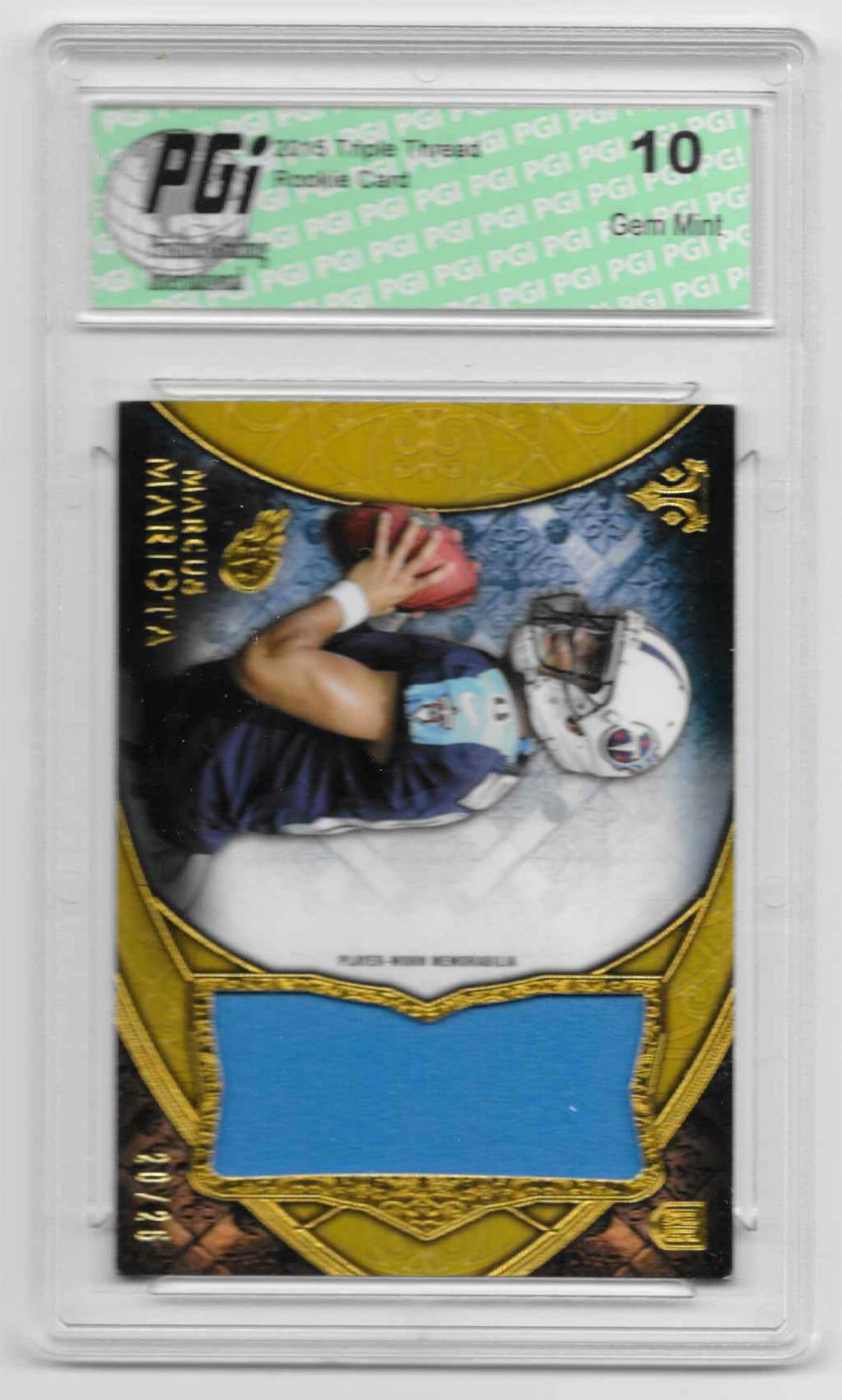 Marcus Mariota 2015 Triple Threads Jumbo Patch Rookie Card #/25 PGI - Rare Collectible Football Trading Card for Fans & Collectors - Perfect for Display, Investment, and Sports Memorabilia Collections