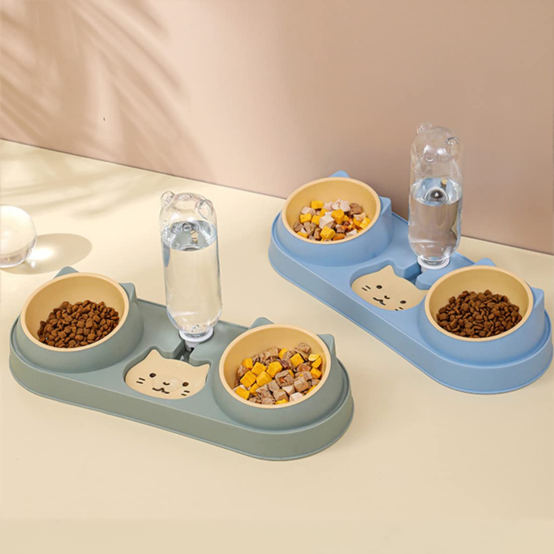 Triple Elevated Cat Bowls with Water Dispenser - 3-in-1 Automatic Pet Feeder for Cats & Small Dogs - Raised Plastic Food & Water Dish Set for Wet/Dry Food (Dark Green) - Perfect for Home, Kitchen & Travel Use