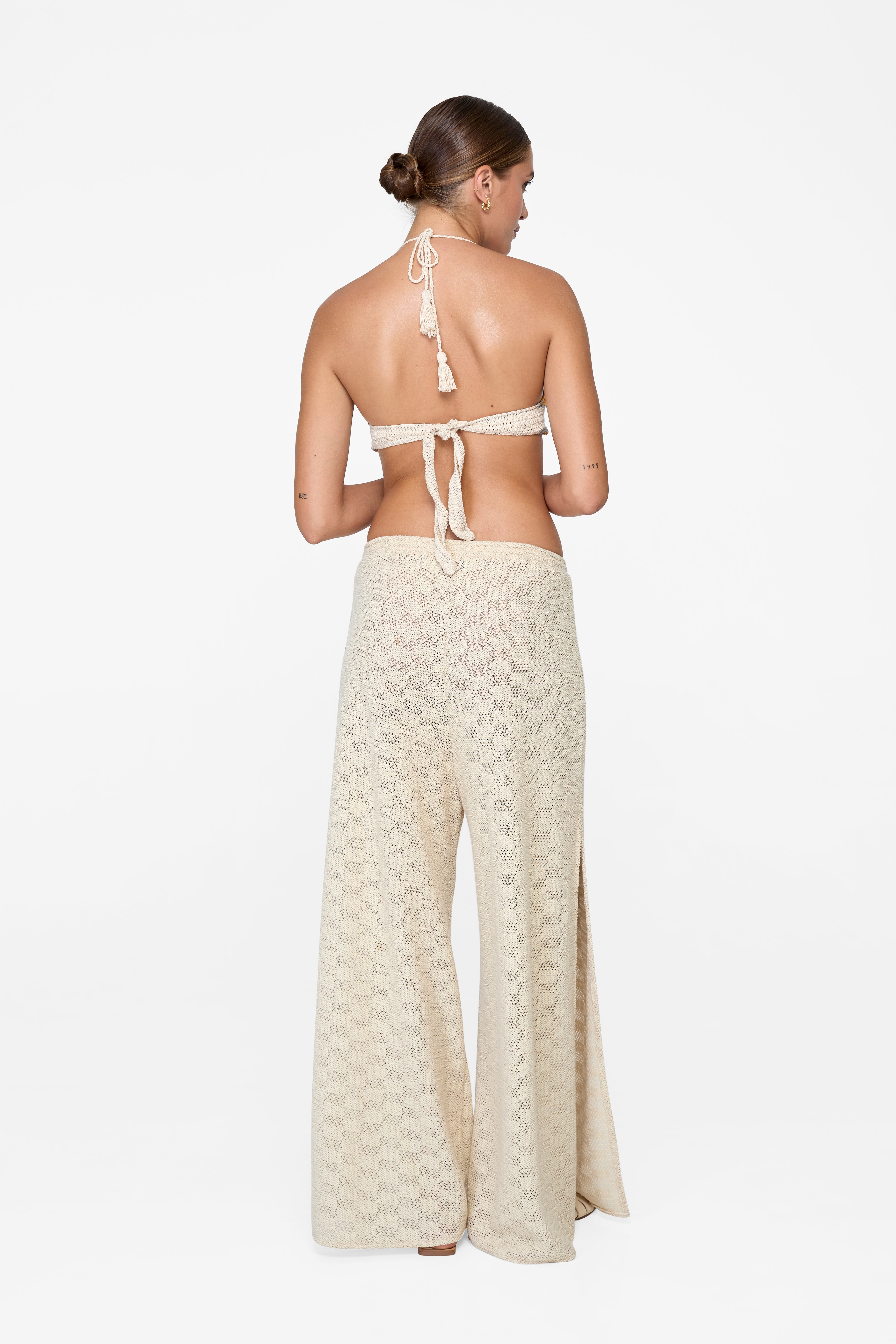 Naomi Pants Women's Cream Crochet Lace High Waisted Wide Leg Pants - Boho Chic Summer Beachwear for Vacation & Casual Outings