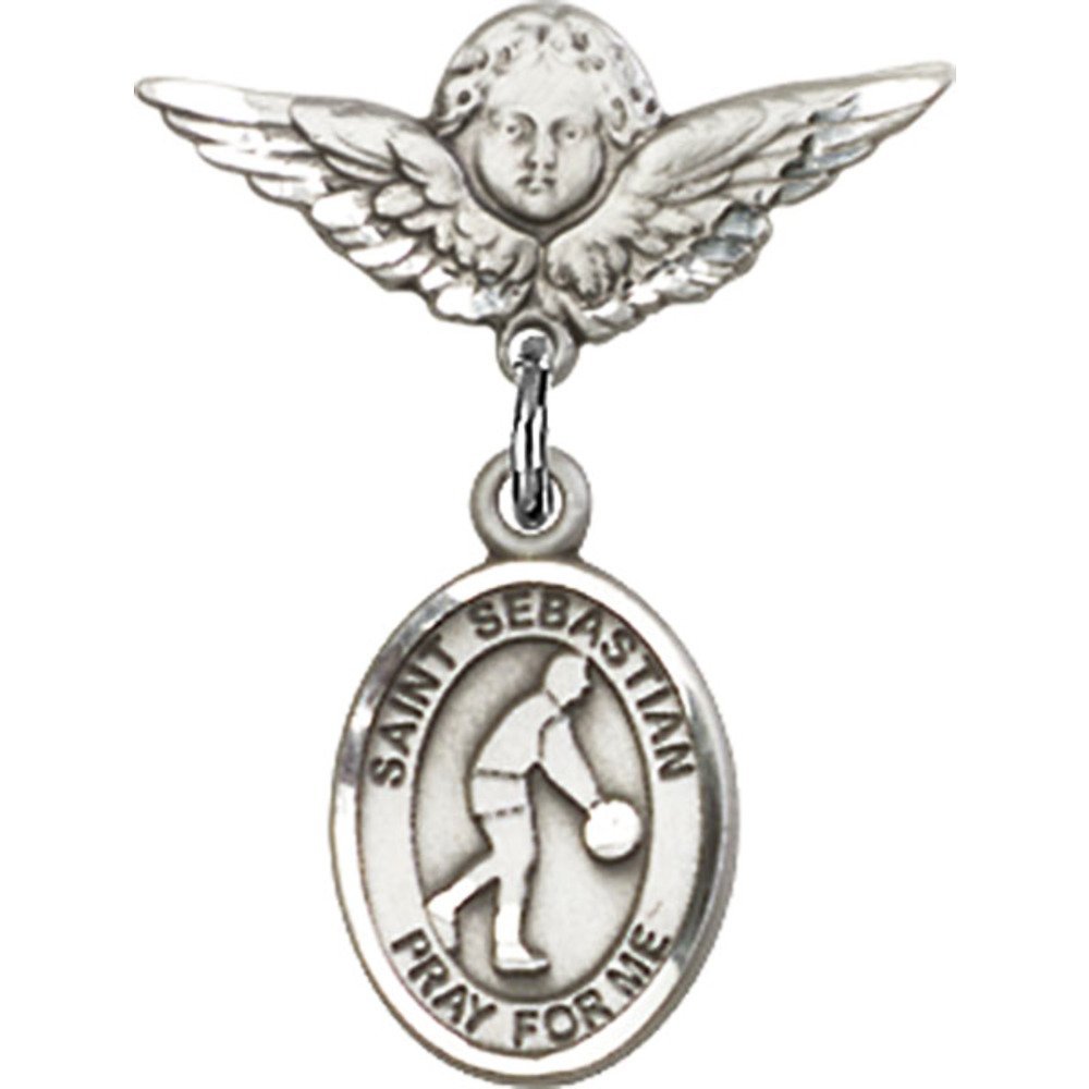 Sterling Silver Baby Badge with St. Sebastian & Basketball Charm - Angel Wing Pin (7/8