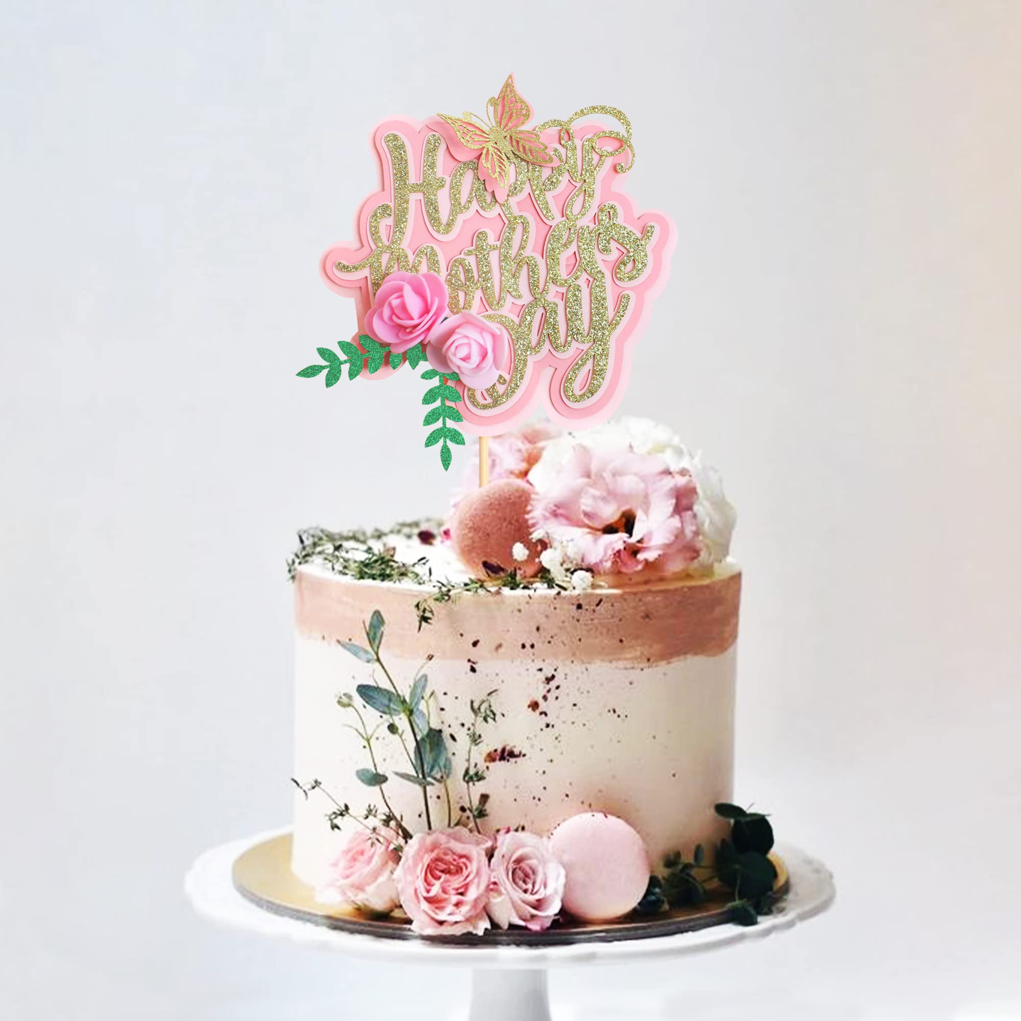 Gold Glitter Happy Mother's Day Cake Topper - Elegant Mom Letter Cake Decoration with Butterfly & Flower Design for Birthday Party, Wedding, Baby Shower & Special Celebrations