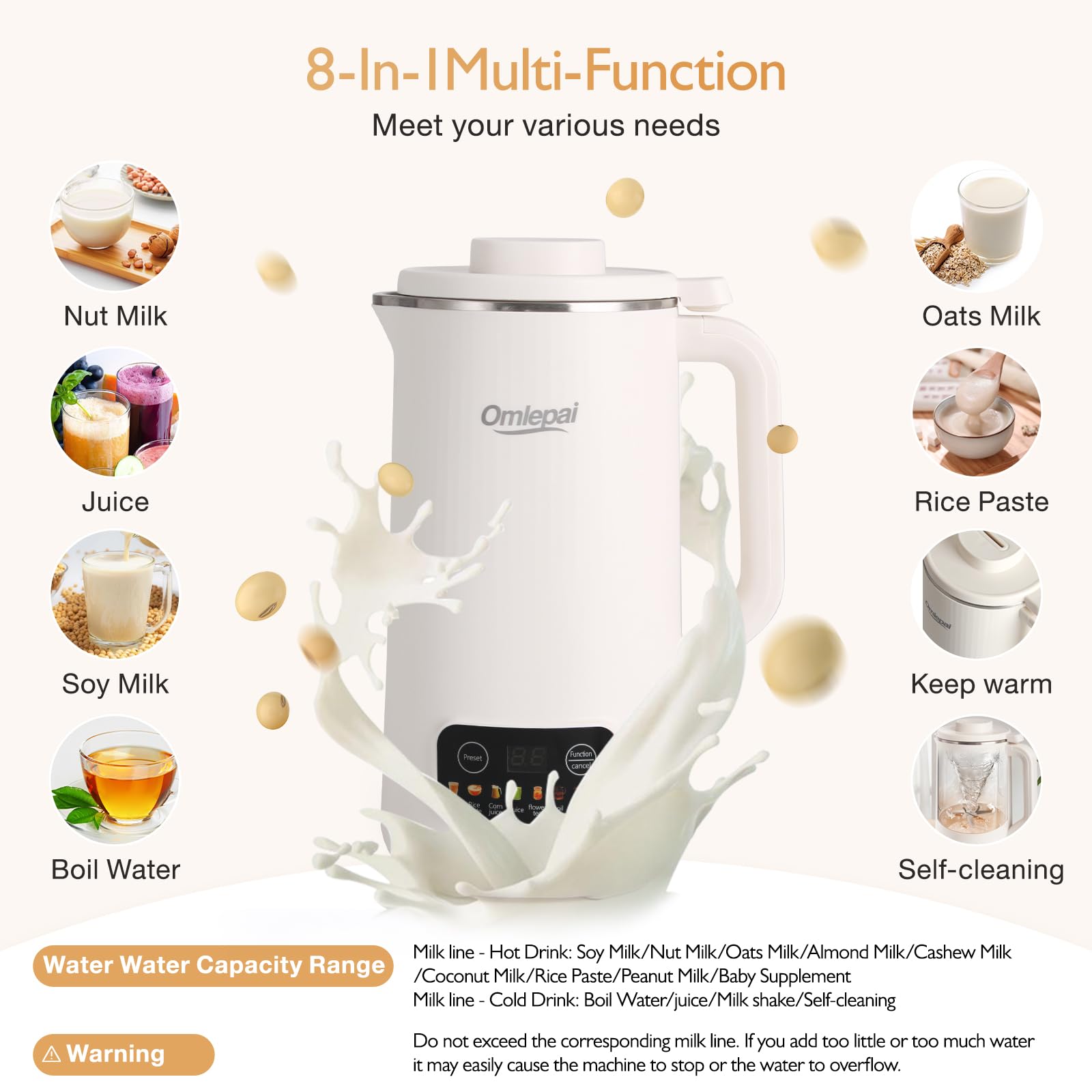 20oz 8-in-1 Automatic Nut Milk Maker Machine - Soy, Almond, Oat & Coconut Milk Maker with 10 Blades & Keep Warm/Auto-Clean - Perfect for Homemade Plant-Based, Dairy-Free Beverages & Healthy Lifestyles - Ideal for Vegan Diets, Breakfast Smoothies & Family Nutrition