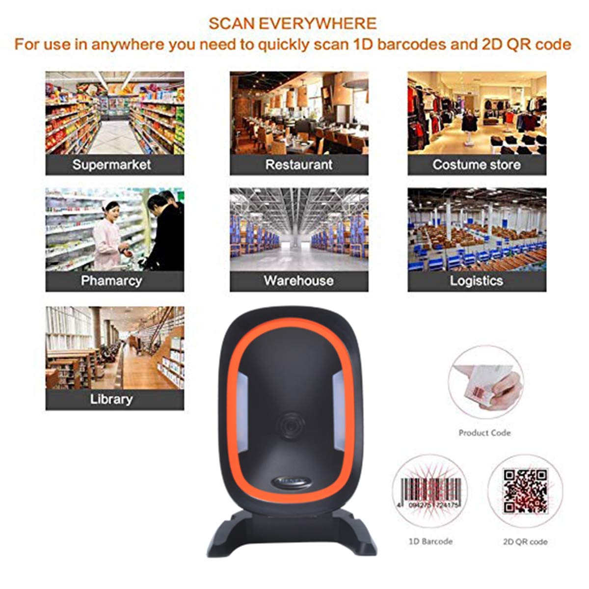 HC-666 2D Barcode Scanner - Auto Scan Hands-Free QR Code Reader for POS, PC, Supermarket, Bookstore & Retail | Ideal for Checkout Counters, Inventory Management and Mobile Payment Systems