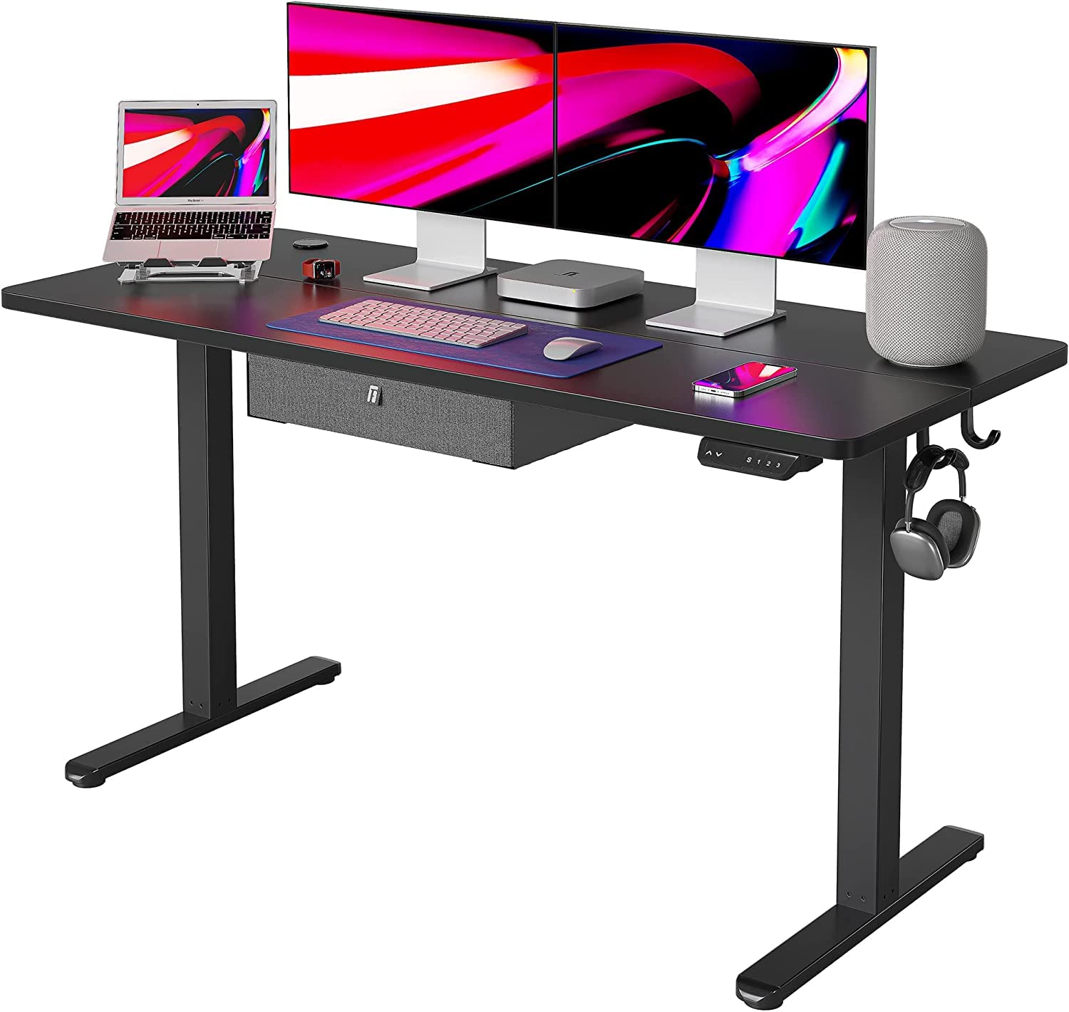 FEZIBO 55x24 Inches Electric Standing Desk with Drawer - Adjustable Height Sit Stand Desk with Storage, Ergonomic Home Office Computer Desk (Black) - Perfect for Remote Work, Gaming & Study Spaces