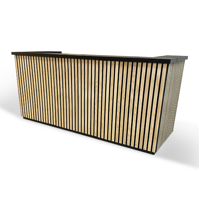 KENTO 240cm Modern Reception Desk with Timber Slat Acoustic Panel in Black & Oak - Perfect for Office Lobby, Hotel Front Desk, and Corporate Waiting Areas