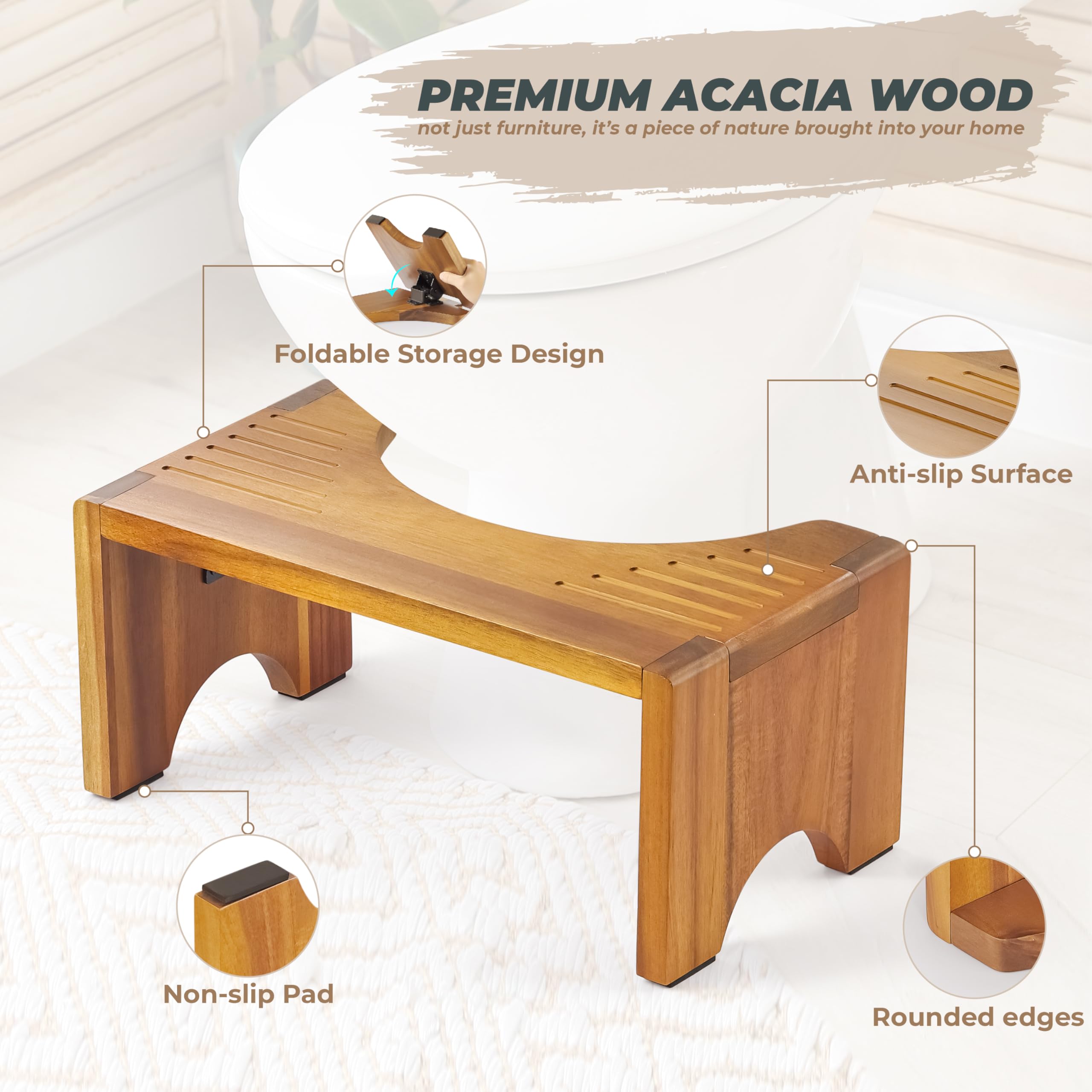 LotusSway Foldable Toilet Stool - 7 Inch Acacia Wood Bathroom Stool for Adults & Seniors | Non-Slip Grooved Design | Potty Training Aid | Improves Posture for Comfortable Bowel Movement | Perfect for Home, Travel & Elderly Care