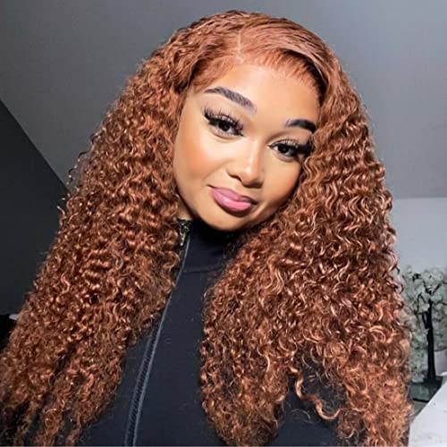 Beauty Forever #30 Auburn Brown Lace Front Wig - 18 Inch Jerry Curly Brazilian Human Hair Wig with 13x4 Lace Frontal, Pre-Plucked Hairline & Baby Hair | Natural Chocolate Brown Fall Color for Women | Perfect for Daily Wear, Cosplay & Special Occasions