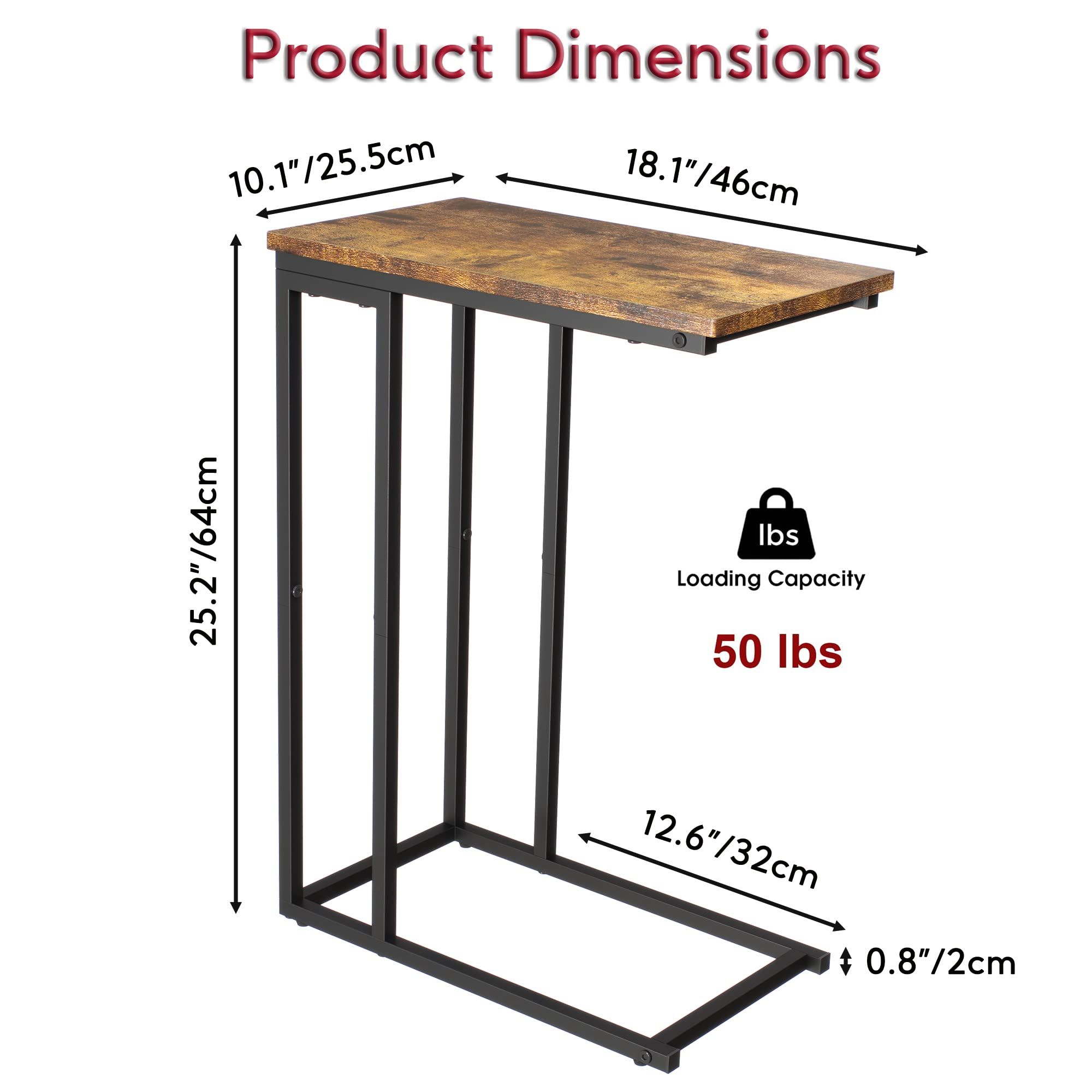 Industrial C-Shaped Side Table - Slim Narrow Sofa End Table, Rustic Brown Coffee Laptop Snack Table for Living Room & Small Spaces | Perfect as Nightstand, Couch Table or Bedside Table