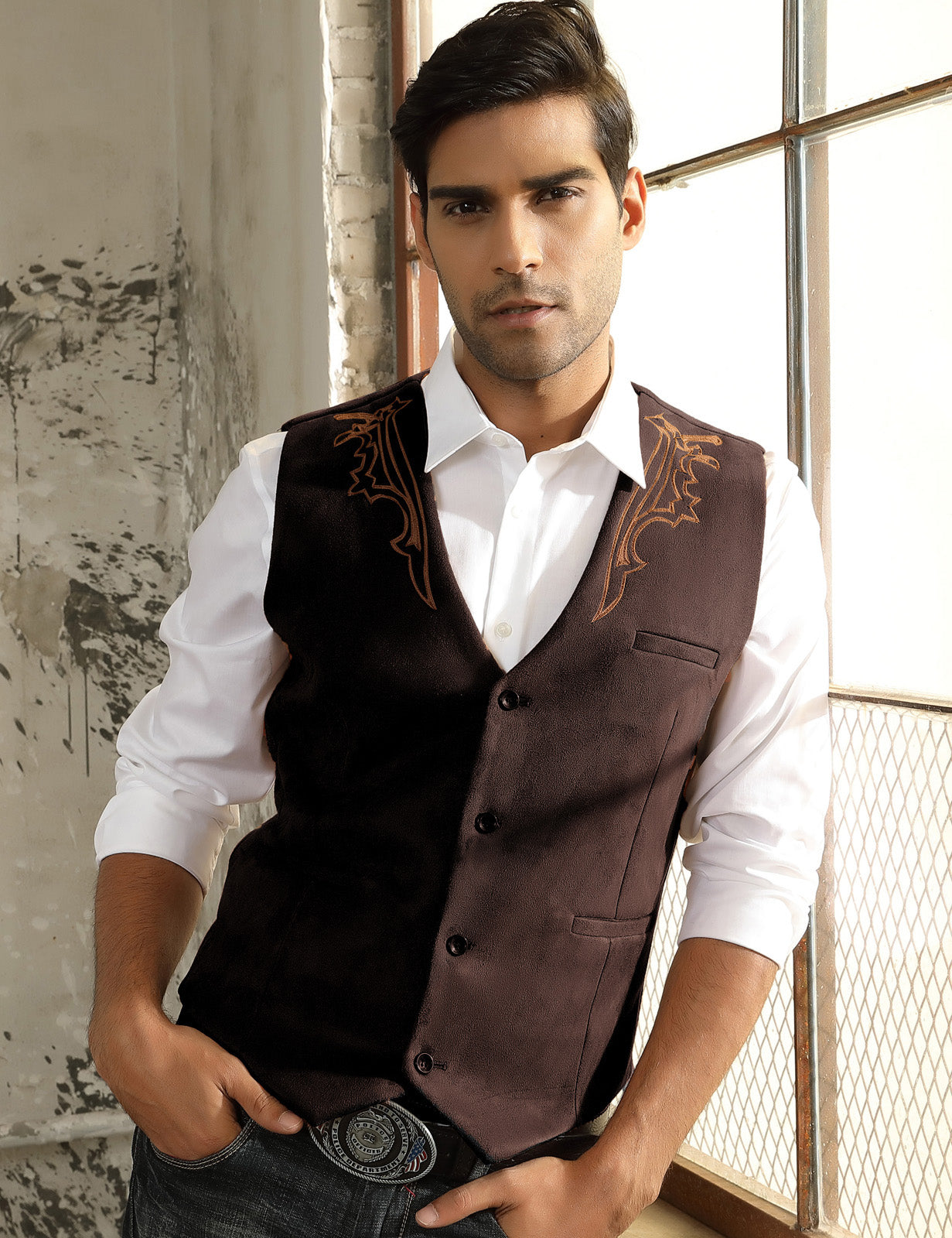 Men's Slim Fit Suede Leather Vest with Embroidery - Western Style Waistcoat for Casual Wear & Cowboy Outfits