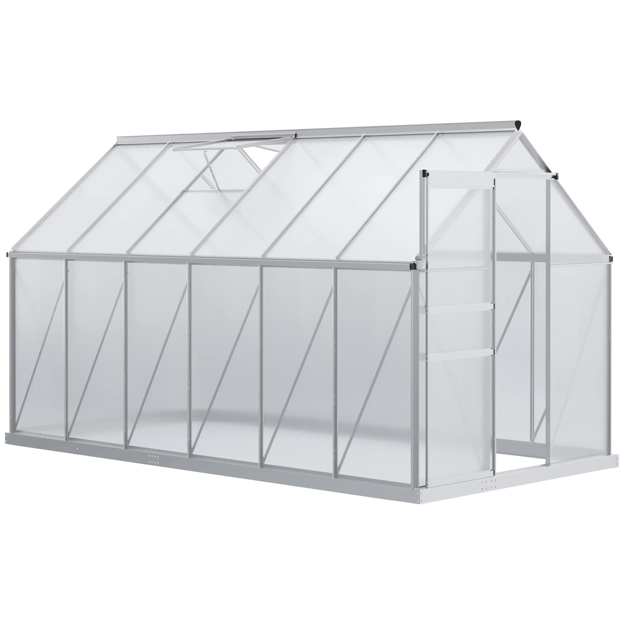 Outsunny 12' x 6' x 6.5' Polycarbonate Walk-in Greenhouse with Aluminum Frame - Heavy Duty Adjustable Roof Vent, Rain Gutter & Sliding Door - Winter Gardening, Plant Protection & Backyard Growing Solution