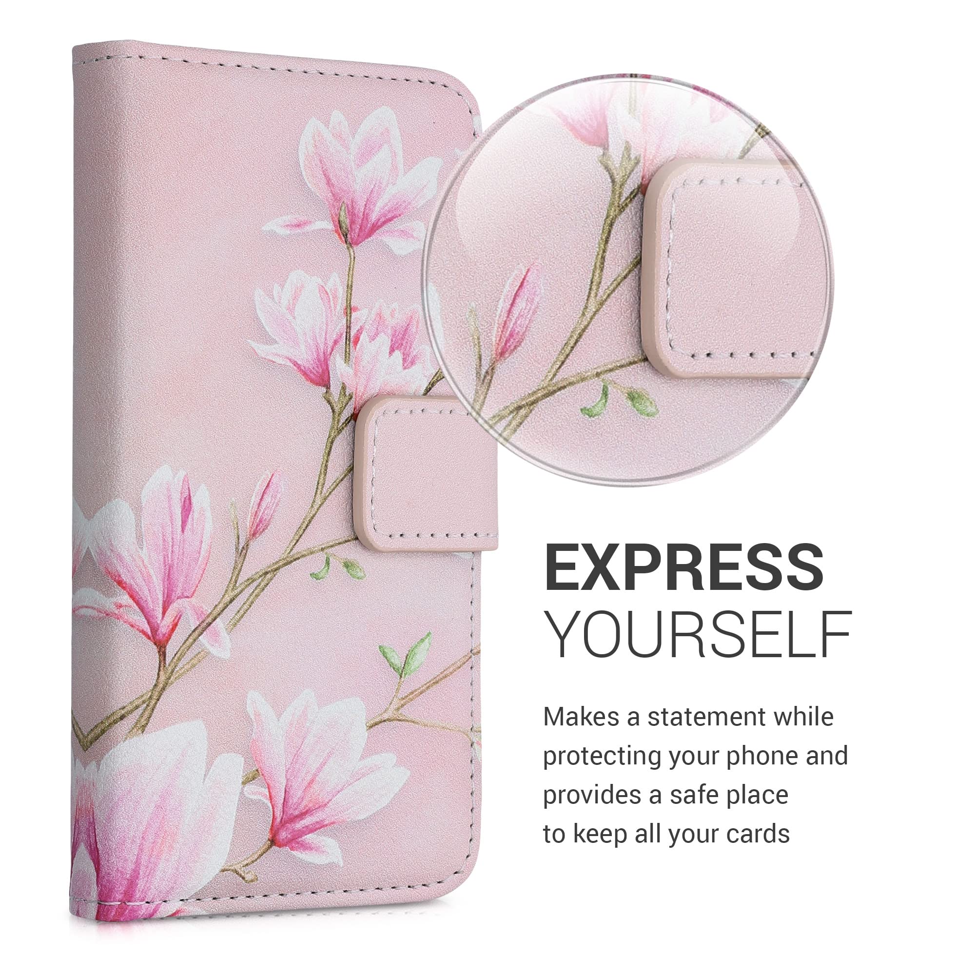 kwmobile Wallet Case for Apple iPhone 13 Mini - Slim Floral Design with Card Slots (Magnolias Pink/White/Dusty Pink) | Perfect for Hands-Free Shopping & Daily Commute