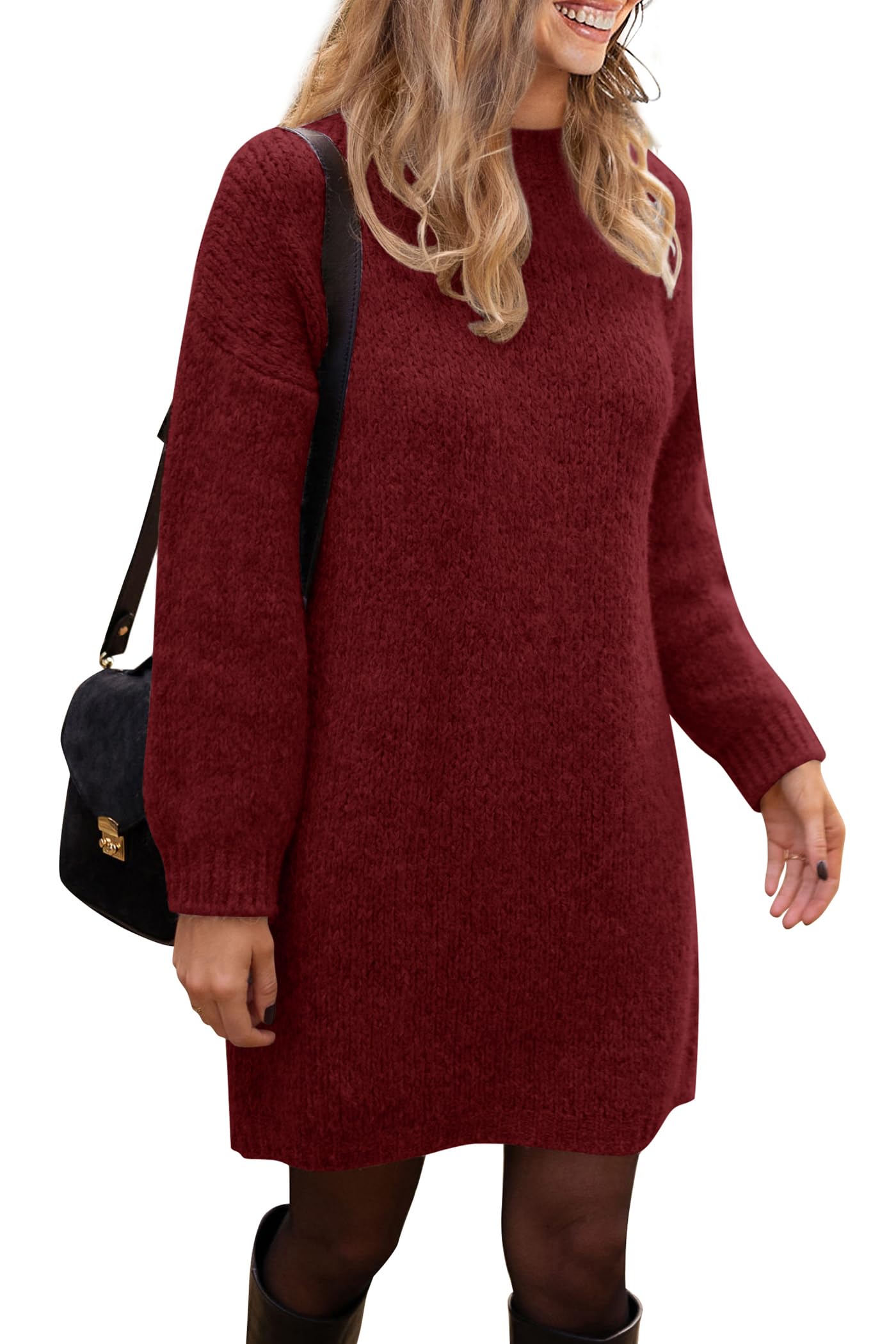 PRETTYGARDEN Women's 2025 Fall Knit Pullover Sweater - Long Sleeve Crewneck Oversized Loose Short Sweater Dress for Casual Outfits, Office Wear & Autumn Layering