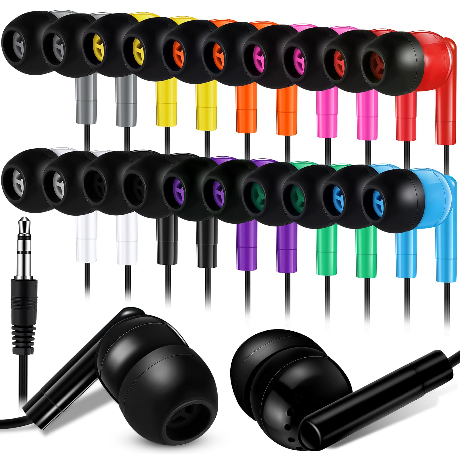 Kanayu 100 Pack Bulk Wired Earbuds - No Microphone Classroom Headphones with 3.5mm Jack for Students, Kids, School, Library & Laptop Use - Individually Bagged Multicolor Earbuds - Perfect for Online Learning, Study Sessions & Quiet Reading