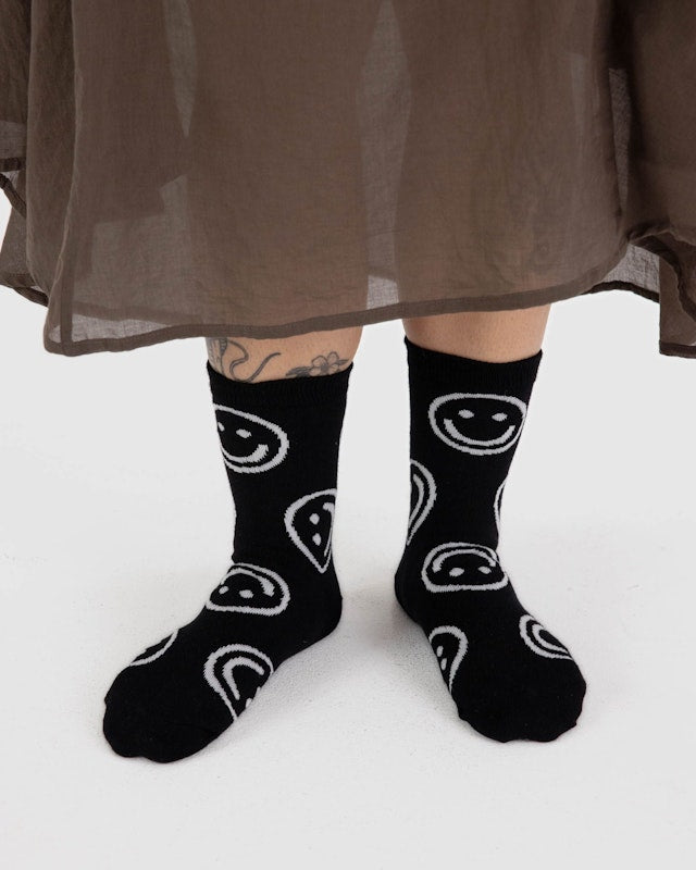 BAGGU Black Happy Crew Socks - Soft Cotton Comfortable Casual Socks for Men & Women - Perfect for Everyday Wear, Workout, and Gifts