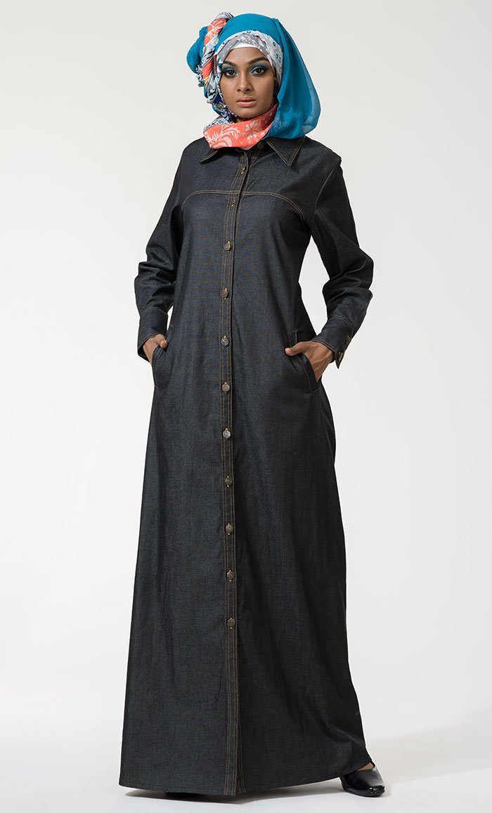 Front Open Button Down Denim Jilbab Abaya - Modest Islamic Dress for Women - Perfect for Prayer, Work & Everyday Wear