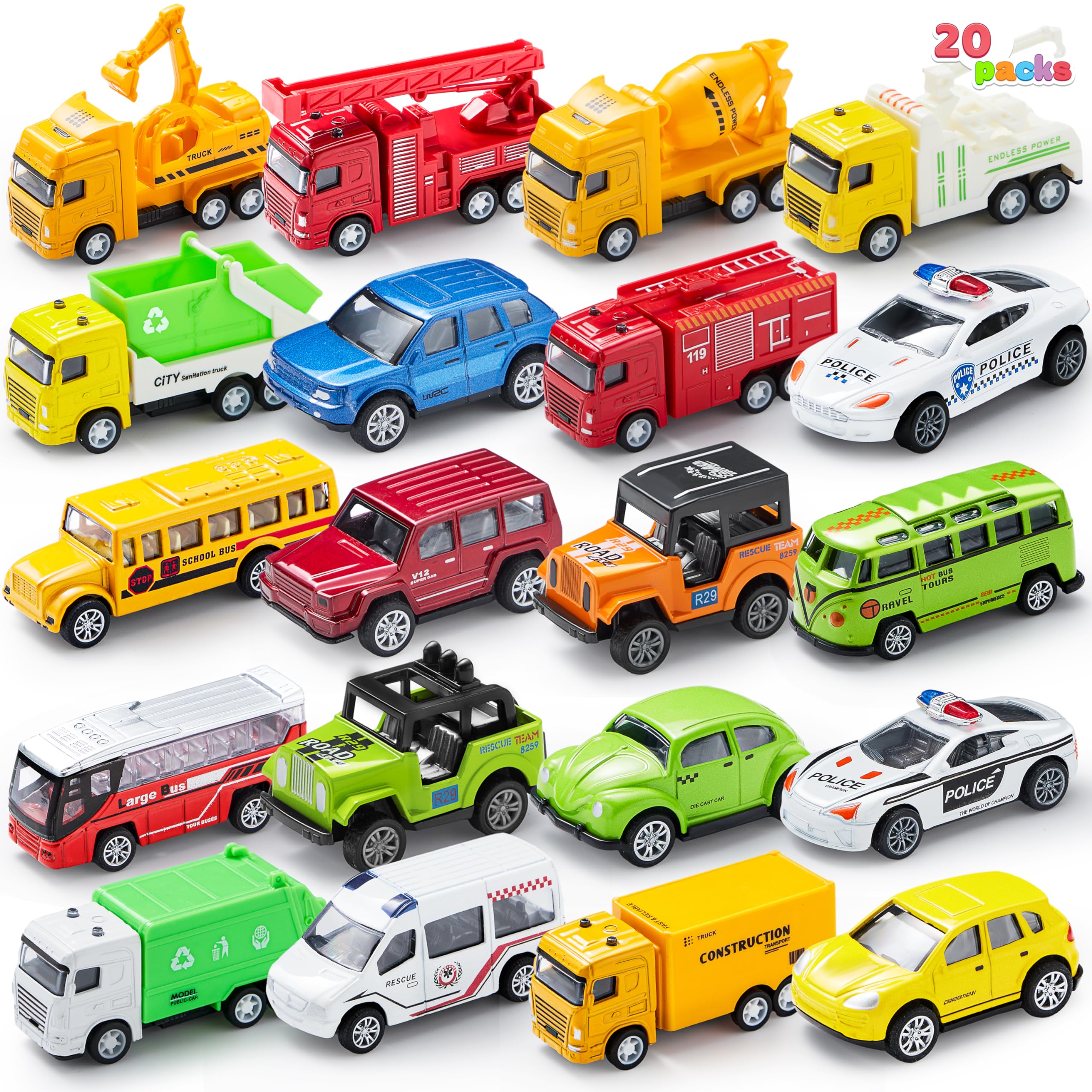 JOYIN 20PCS Die Cast Pull Back Cars - Metal Toy Vehicle Set for Toddlers & Kids | Bulk Race Cars for Birthday Party Favors, Easter Stocking Stuffers & Cake Decorations | Fun Gift for Boys & Girls | Great for Playtime, Collecting & Pretend Racing Games