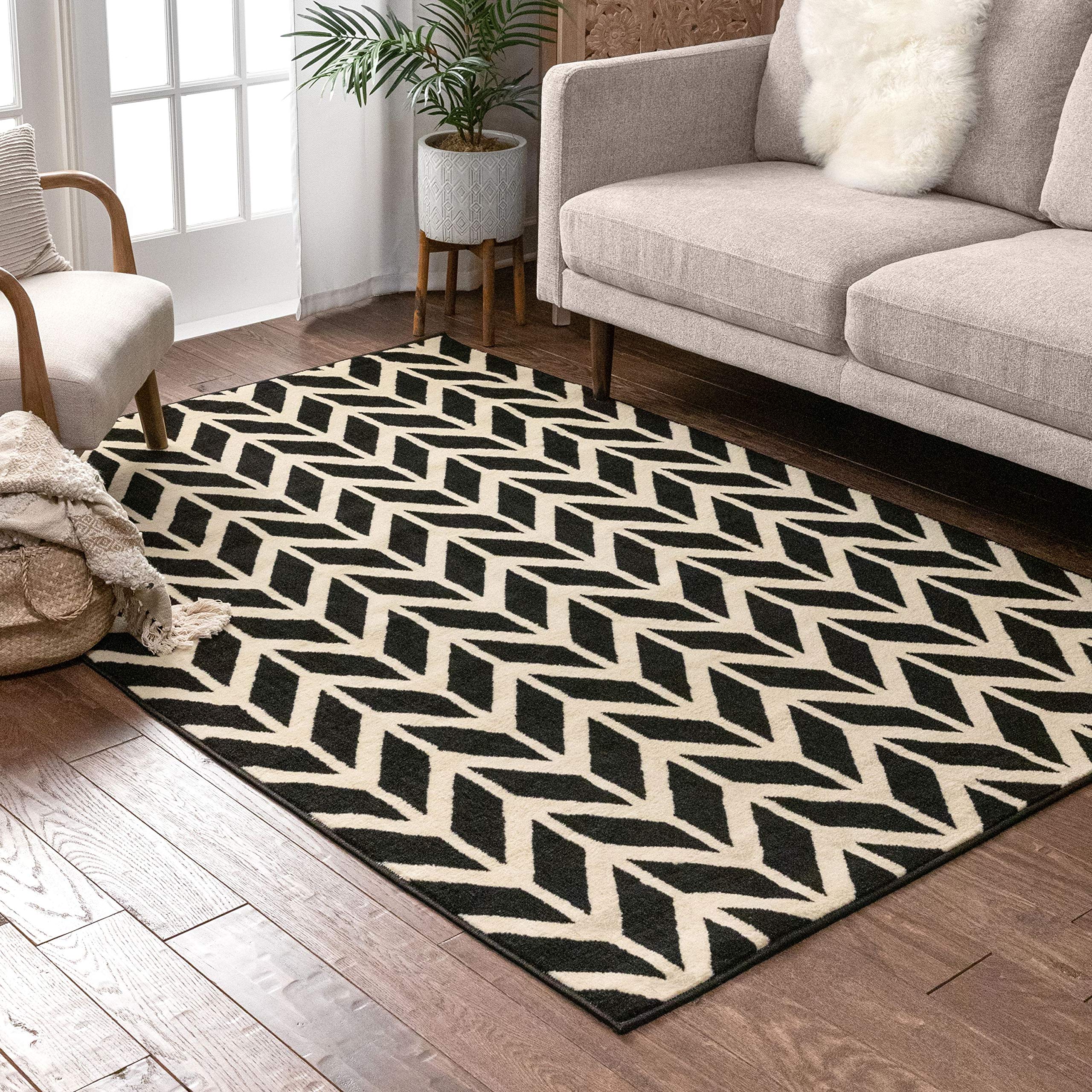 Well Woven Miami Bourbon Chevron Black Modern Area Rug 5' x 7' - Stylish Non-Slip Living Room Rug for Home Office, Bedroom & Dining Room Decor