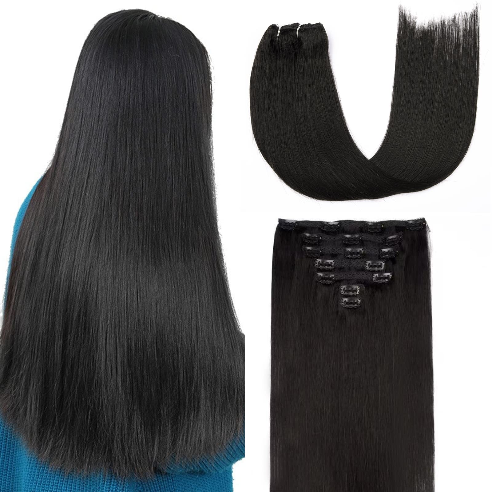 18 Inch Clip in Human Hair Extensions - 7pcs 120g Natural Black Silk Straight Hair - Perfect for Parties, Weddings & Daily Styling