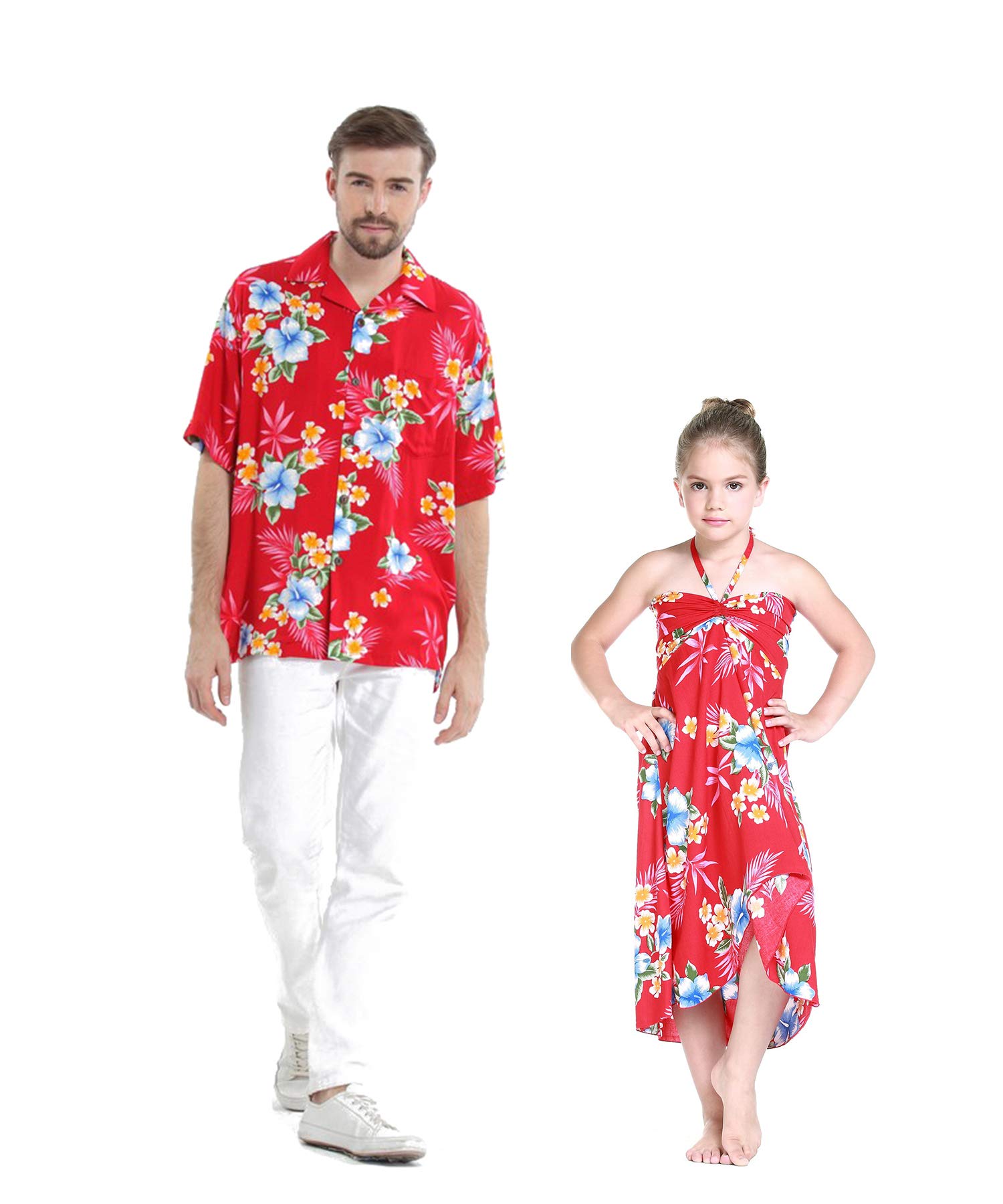Men's Hawaiian Aloha Shirt - Tropical Hibiscus Red Floral Print Short Sleeve Button Up Shirt for Beach Vacation, Summer Party & Casual Wear