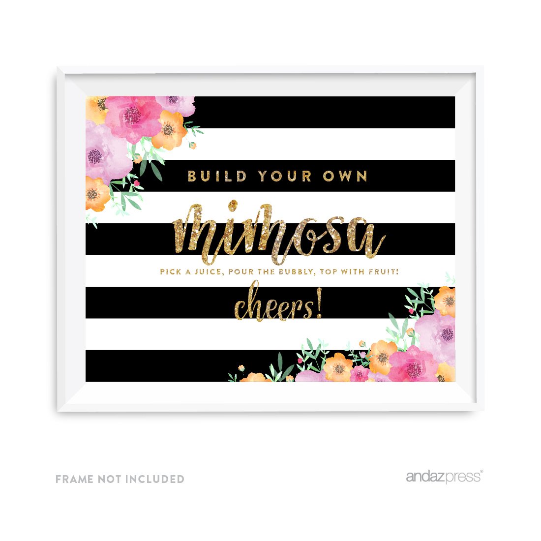 Floral Gold Glitter Wedding Mimosa Bar Sign - 8.5x11 Inch DIY Champagne Drink Station Decor - Perfect for Bridal Showers, Bachelorette Parties & Wedding Receptions - 1-Pack