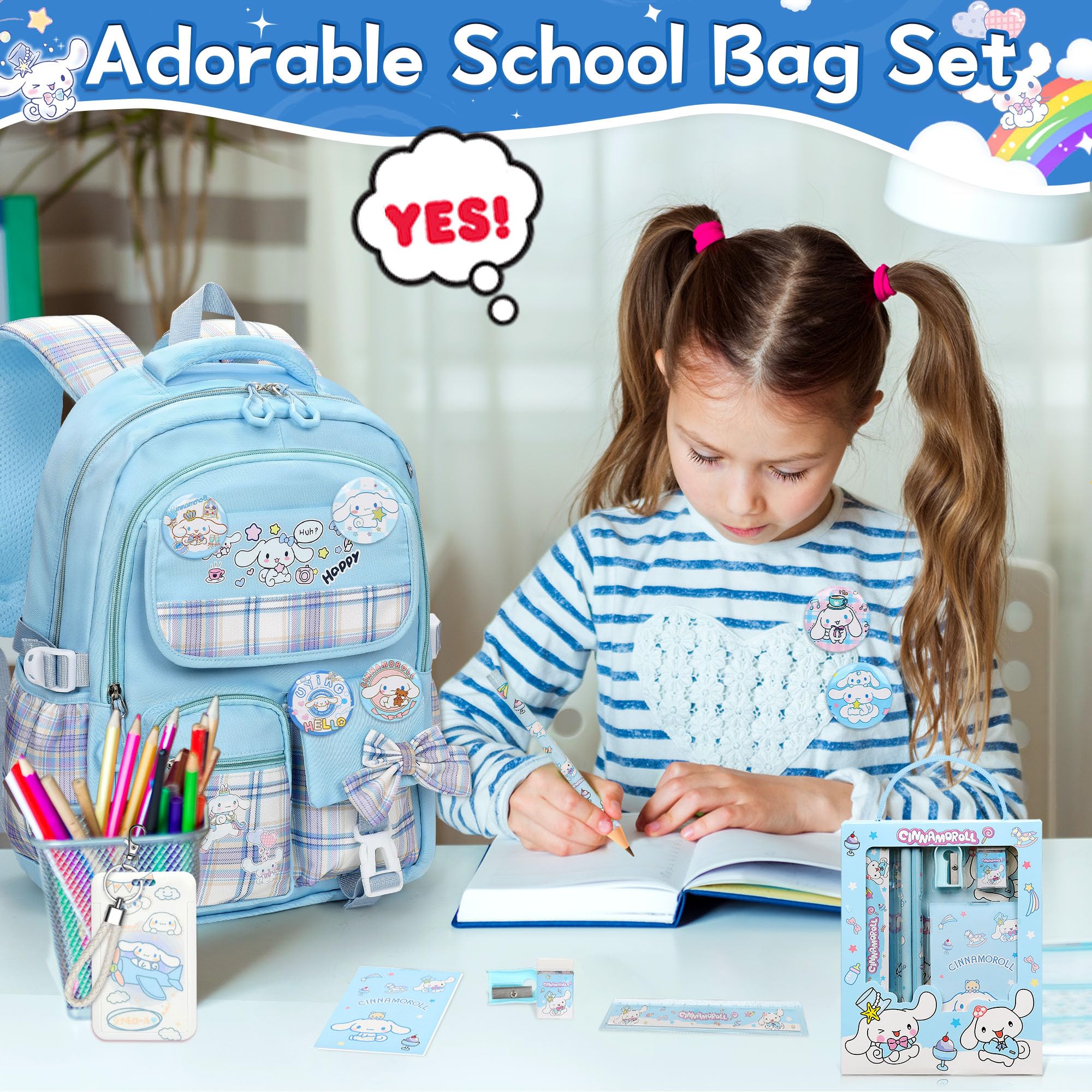 Anime School Backpack for Girls with 14Pcs Accessories - Anti-Theft Laptop Bookbag for Travel & School (Blue)
