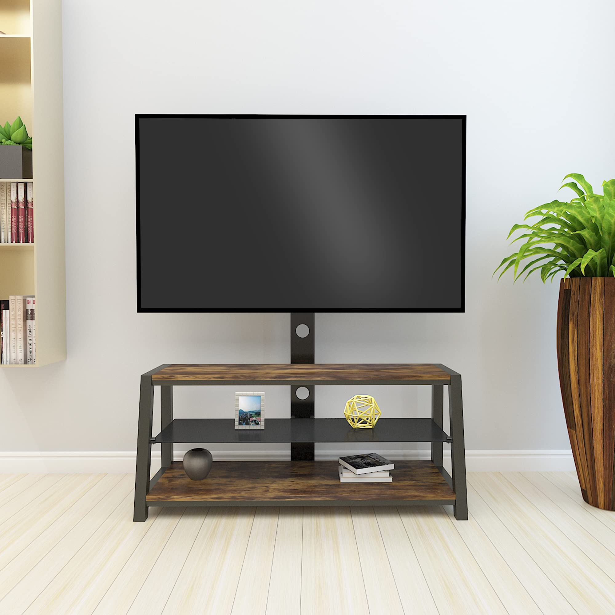 Black Wooden TV Stand with Tempered Glass - Adjustable Height, Universal Swivel Design for Flat Screen TVs - Perfect for Living Room, Bedroom & Home Theater Entertainment Center
