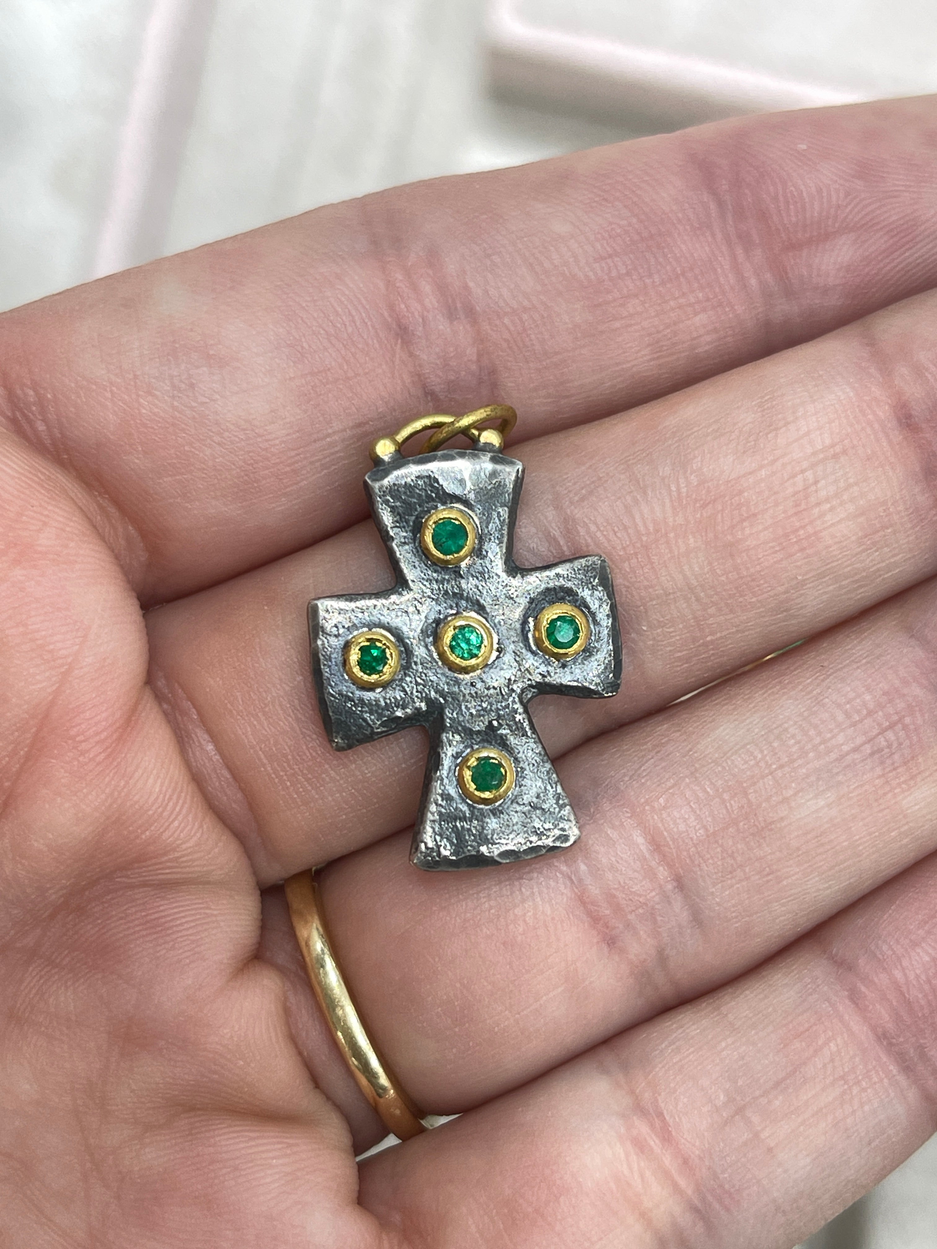0.18tcw Byzantine 24K Gold & Sterling Silver Emerald Cross Pendant Necklace for Women - Elegant Religious Jewelry Gift for Baptism, First Communion & Christmas