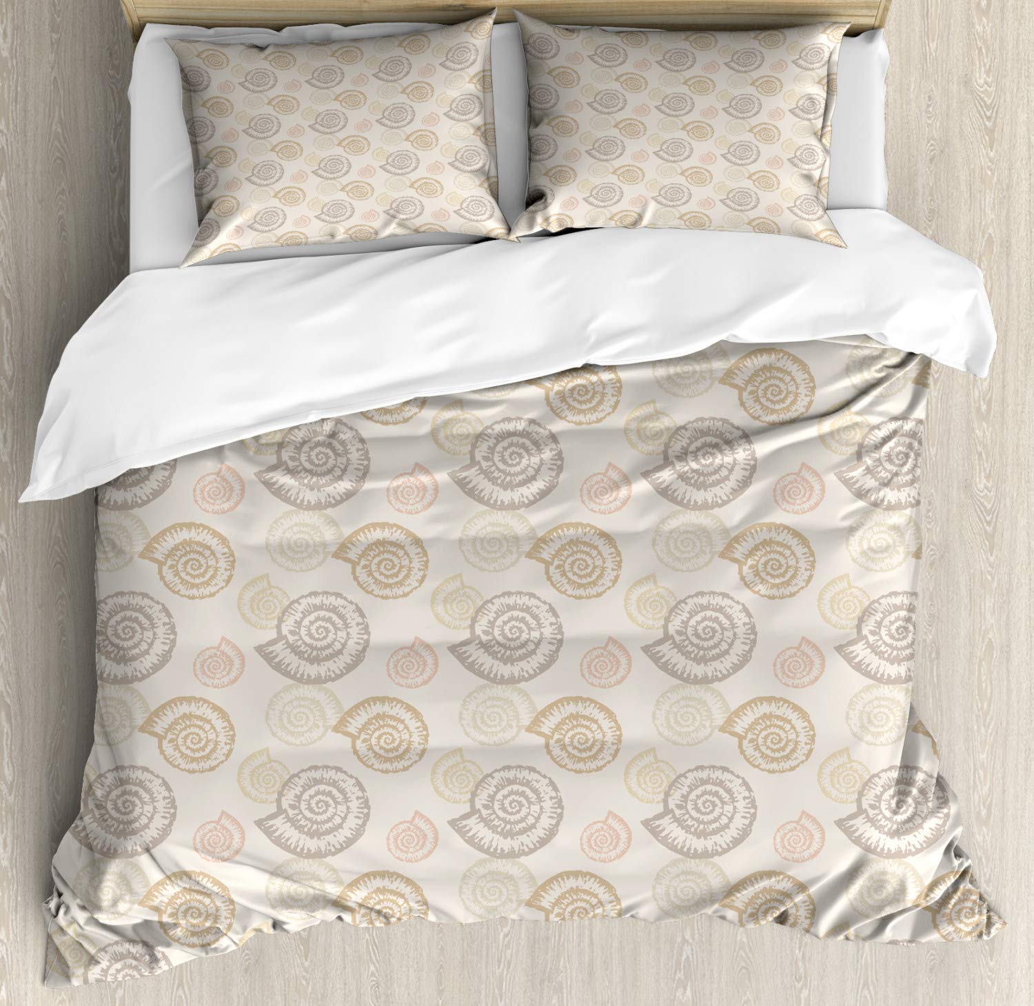 Ambesonne King Size Nautical Duvet Cover Set - 3 Piece Bedding with 2 Pillow Shams, Spiral Ammonite Shells Design in Muted Tones, Pale Eggshell & Multicolor | Perfect for Beach House Decor, Coastal Theme Bedroom, and Ocean Lovers' Home