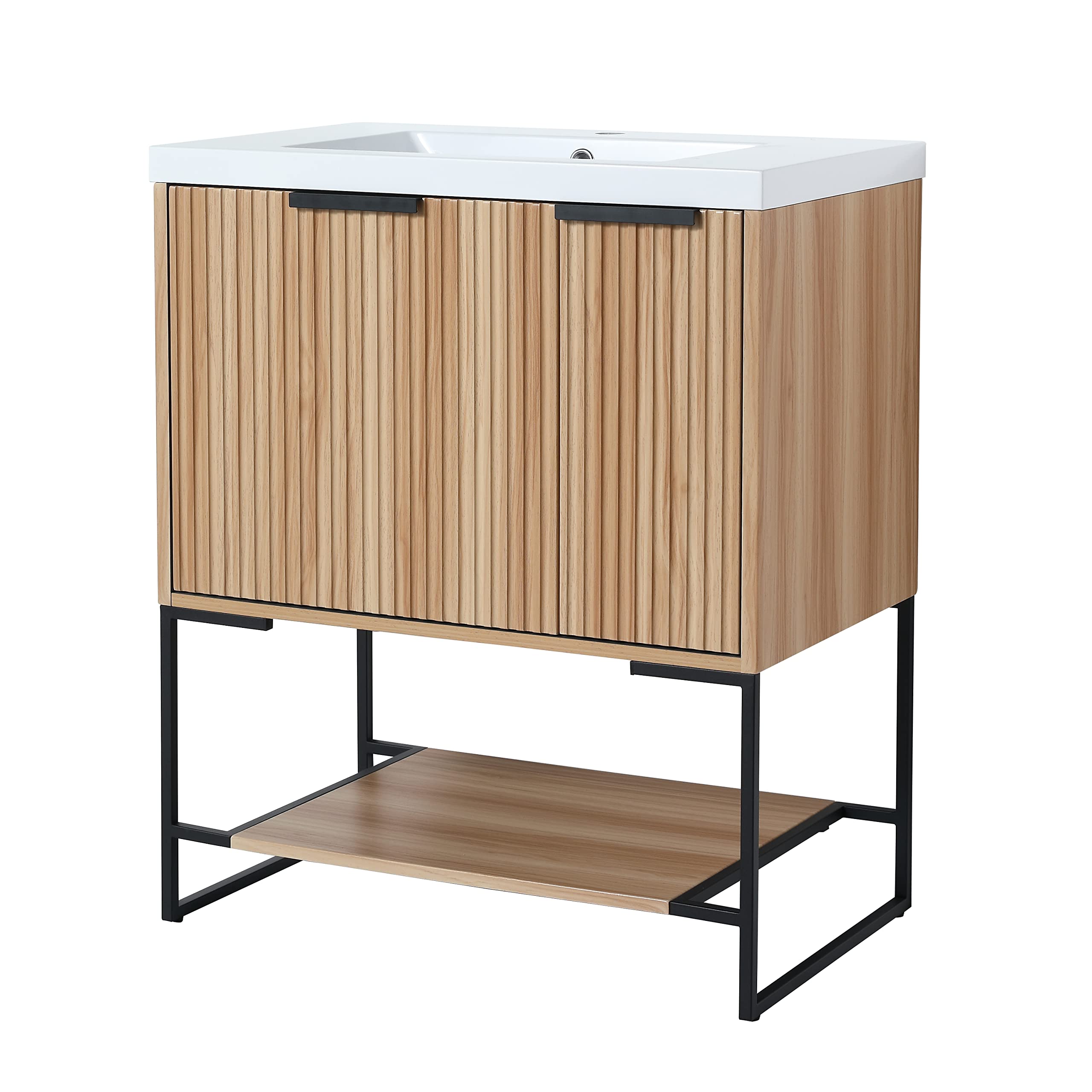 Yoluckea 30-Inch Modern Maple Wood Bathroom Vanity Set with Resin Sink Basin - Freestanding Small Bathroom Cabinet with Drawer, Door & Storage Shelf - Perfect for Compact Spaces, Powder Rooms & Apartment Bathrooms