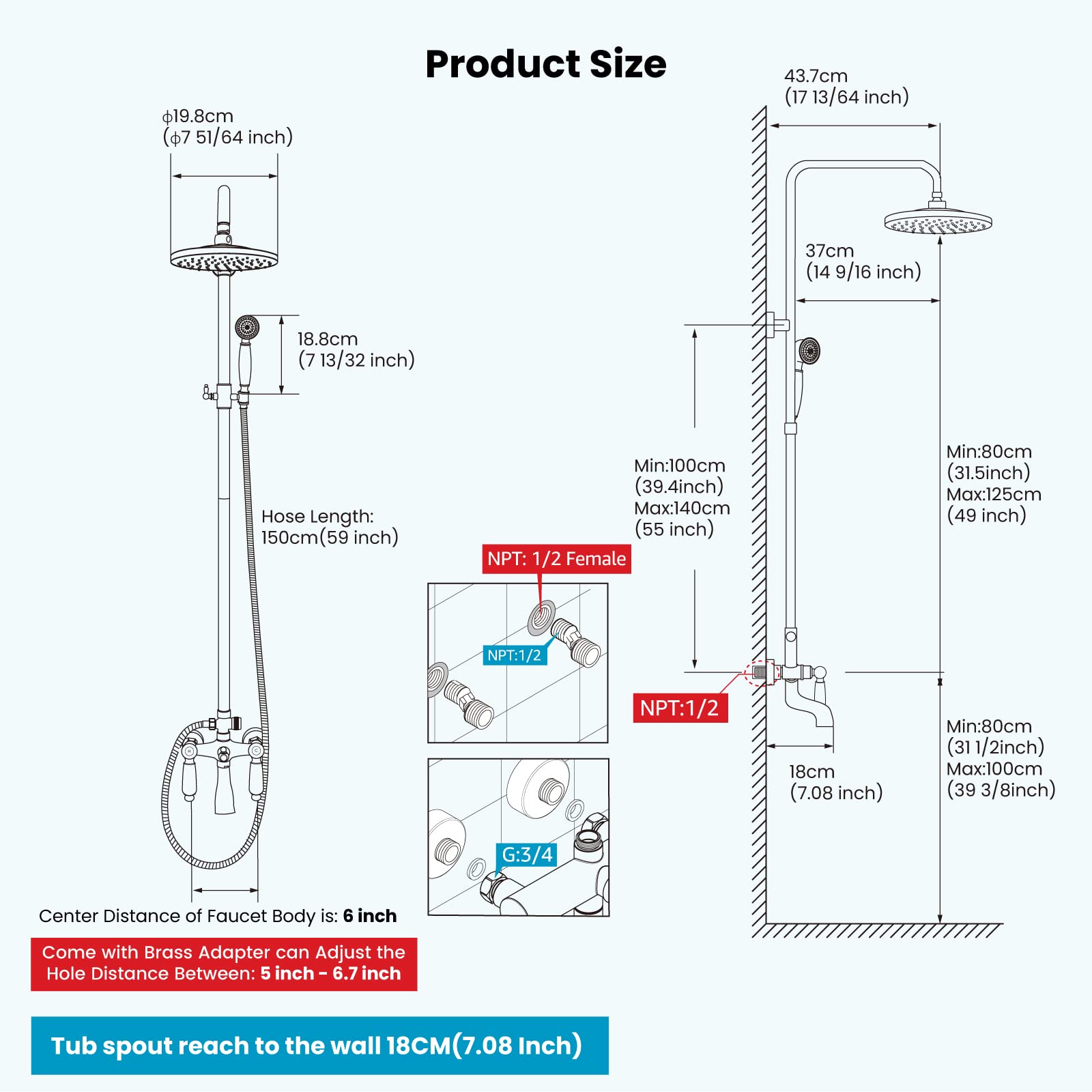 Gotonovo 8-inch Polish Chrome Shower Faucet Set with Handheld Spray - Double Lever Handle, Tub Spout & Triple Function - Wall Mount Bathroom Shower Fixture for Modern Homes & Luxury Hotels