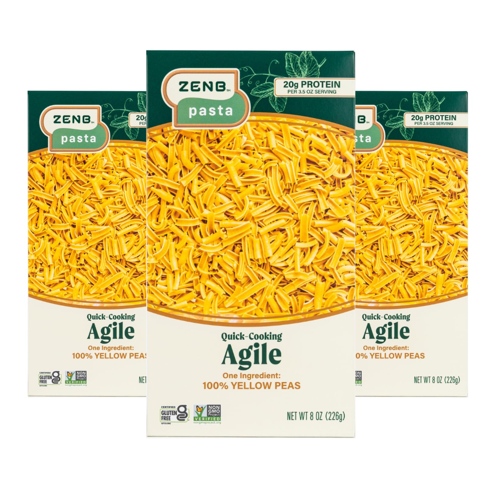 ZENB Plant Based Pasta - Quick Cooking Vegan Pasta Ready in 3 Minutes | 100% Yellow Peas Gluten-Free | Perfect for Busy Weeknights, Healthy Meals & Vegan Diets (Pack of 3)