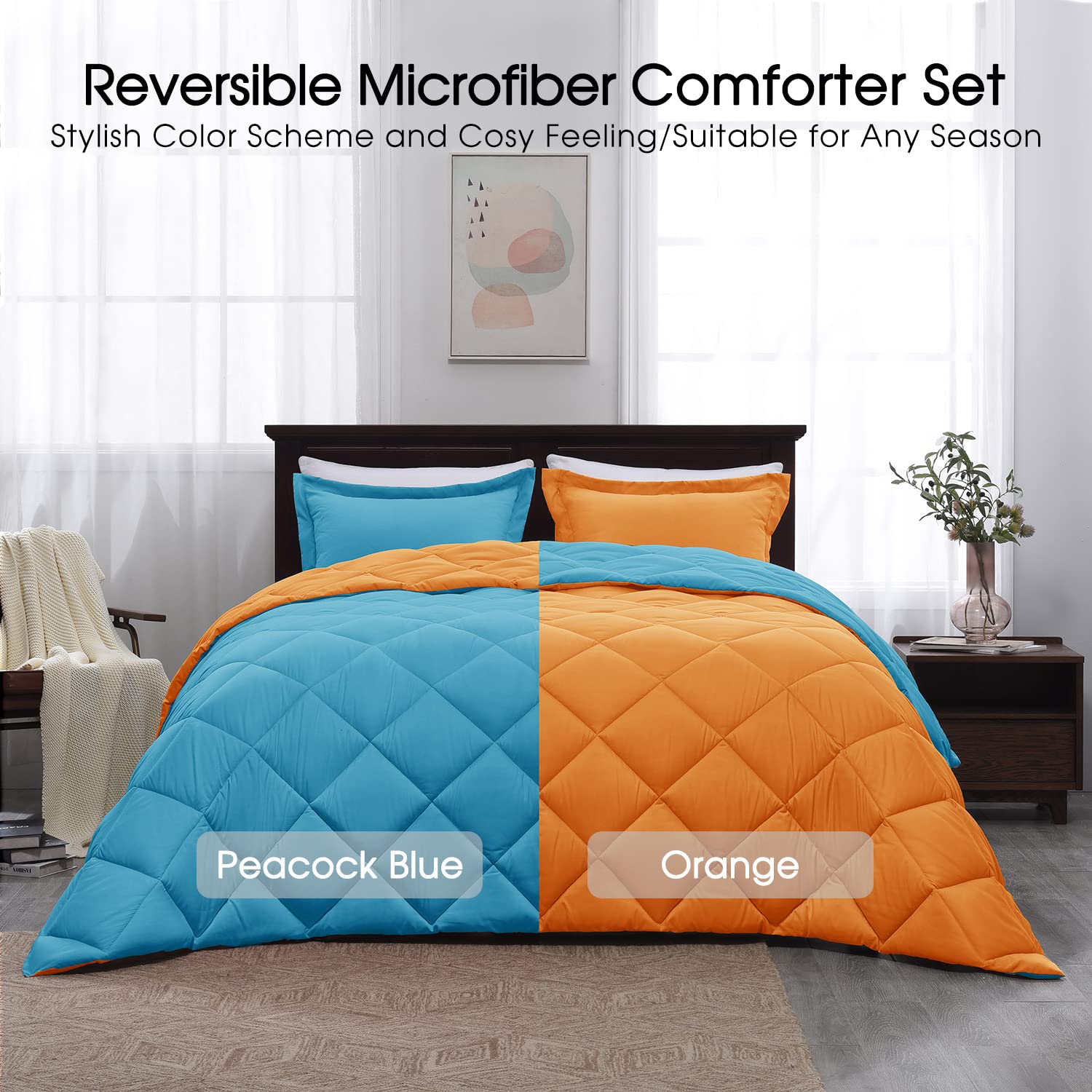 Basic Beyond Queen Comforter Set - Reversible Peacock Blue & Orange All-Season Bedding | 88
