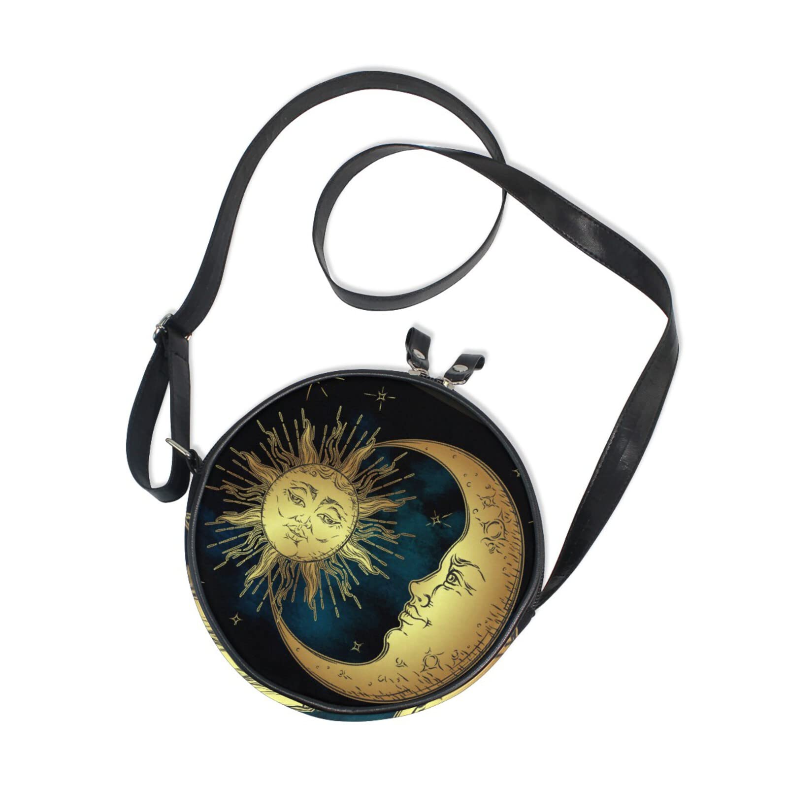 WIHVE Women's Bohemian Crossbody Bag with Zipper - Psychedelic Sun Moon Stars Print Circle Purse, Adjustable Strap for Daily Use, Travel & Festival Outfits