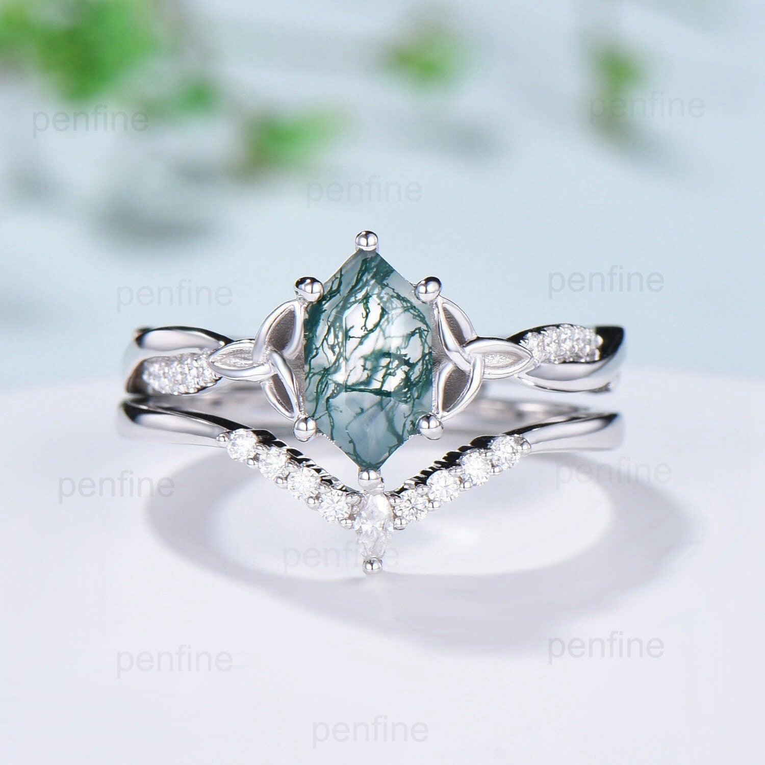 Viking Moss Agate Engagement Ring Set with Moissanite & Diamond Band – Hexagon Norse Wedding Ring for Women – Perfect for Viking-Themed Weddings & Anniversary Gifts