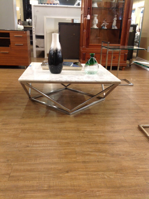 Modern Coffee Table with Marble Top & Silver Metal Base - Stylish Living Room Furniture for Home Decor & Small Space