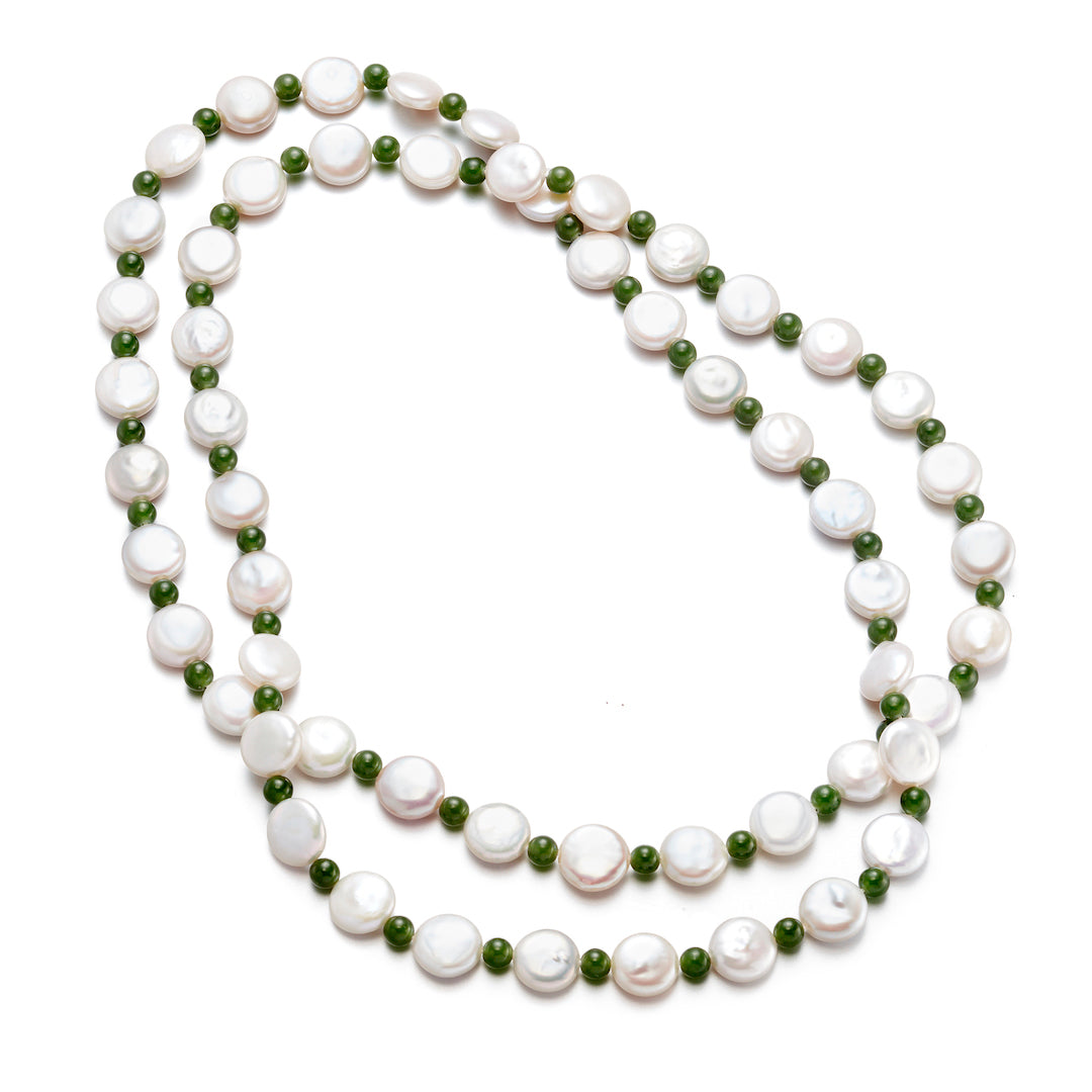 Elegant Coin Pearl & Green Nephrite Jade Rope Necklace - Handmade Jewelry for Women, Gift for Her | Perfect for Weddings, Parties & Special Occasions
