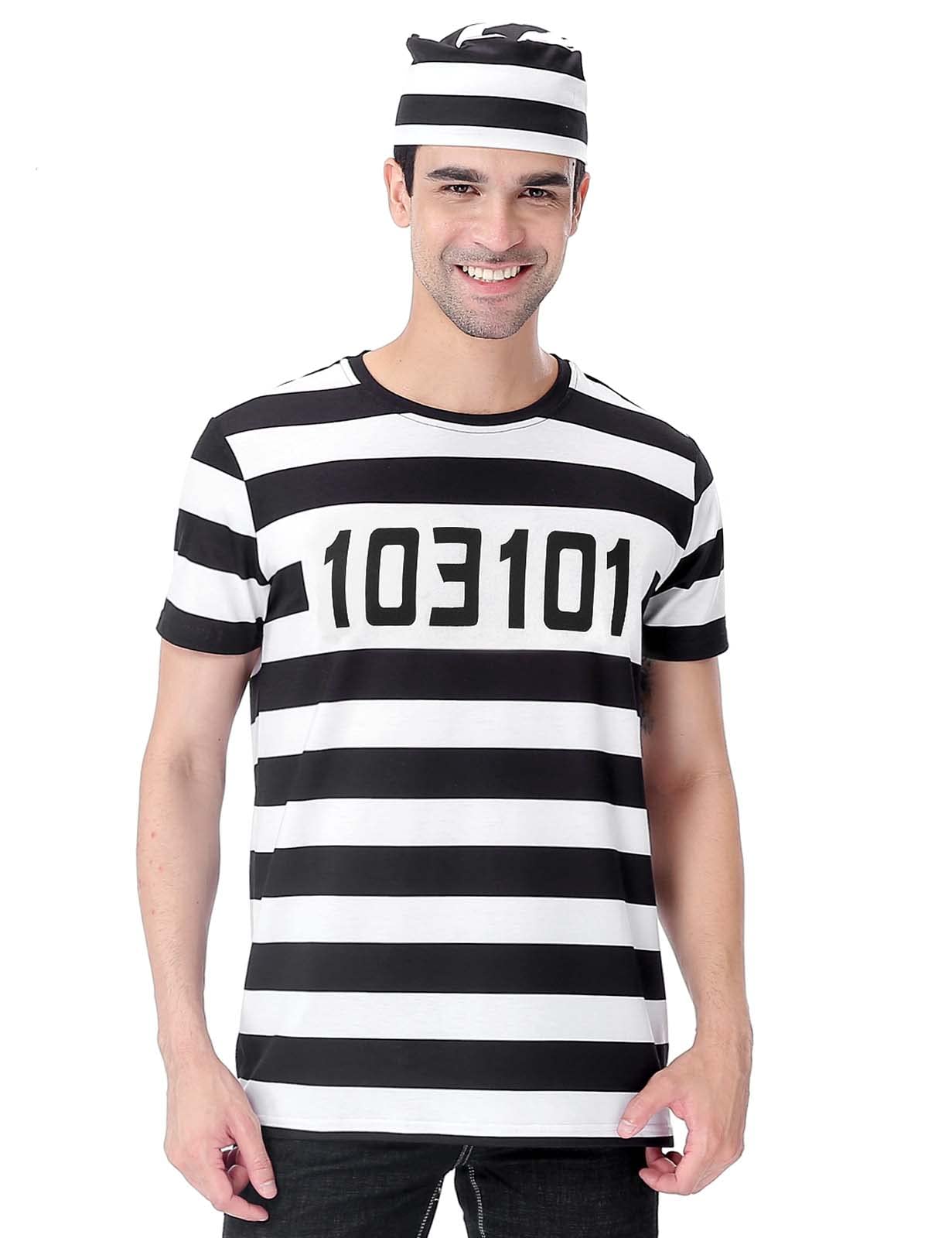 Funny Striped Prisoner Costume T-Shirt for Men - Halloween, Cosplay & Theme Party Outfit