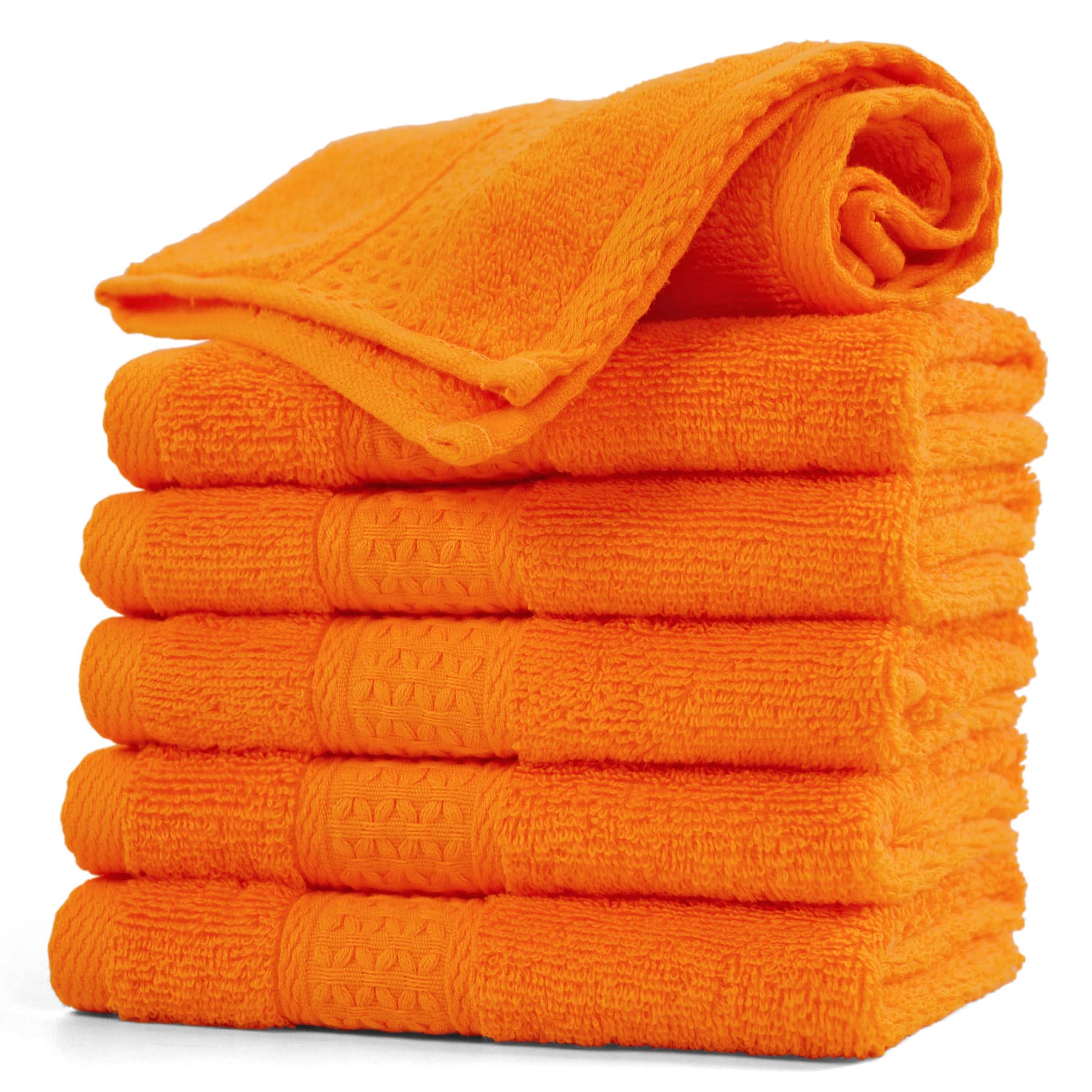 Cleanbear 6-Pack Orange Cotton Washcloths - 13x13 Inch Large, Soft & Highly Absorbent Face Towels for Bathroom, Spa & Daily Skincare Routine