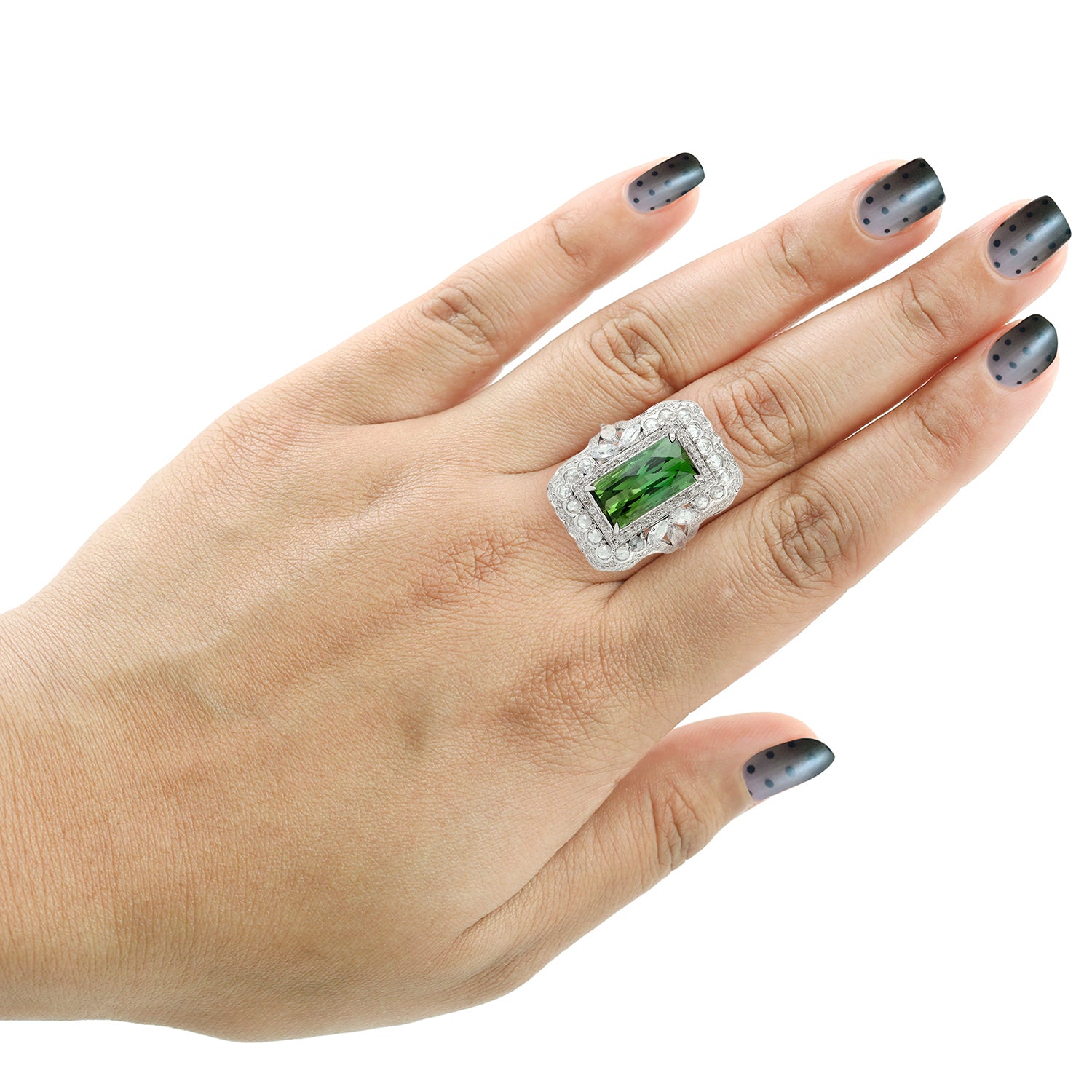 Exquisite Green Tourmaline & Rose Cut Diamond Cocktail Ring in 14K White Gold - Perfect for Evening Parties, Weddings & Special Occasions