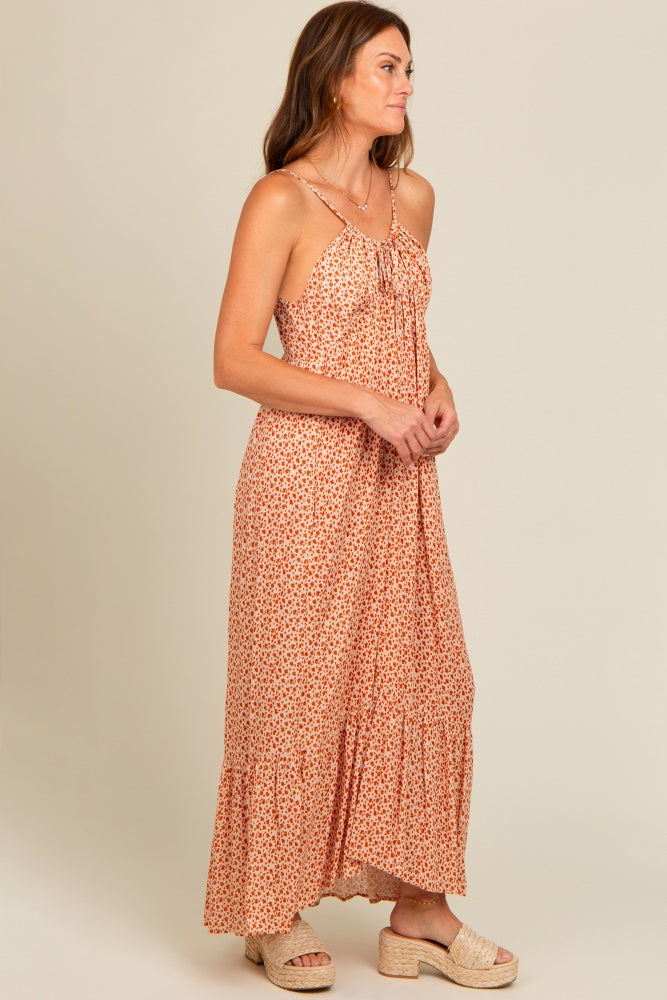 Beige Floral Tie Front Maxi Dress for Women - Summer Boho Chic Long Dress with Side Slit - Perfect for Beach Vacations, Weddings & Date Nights