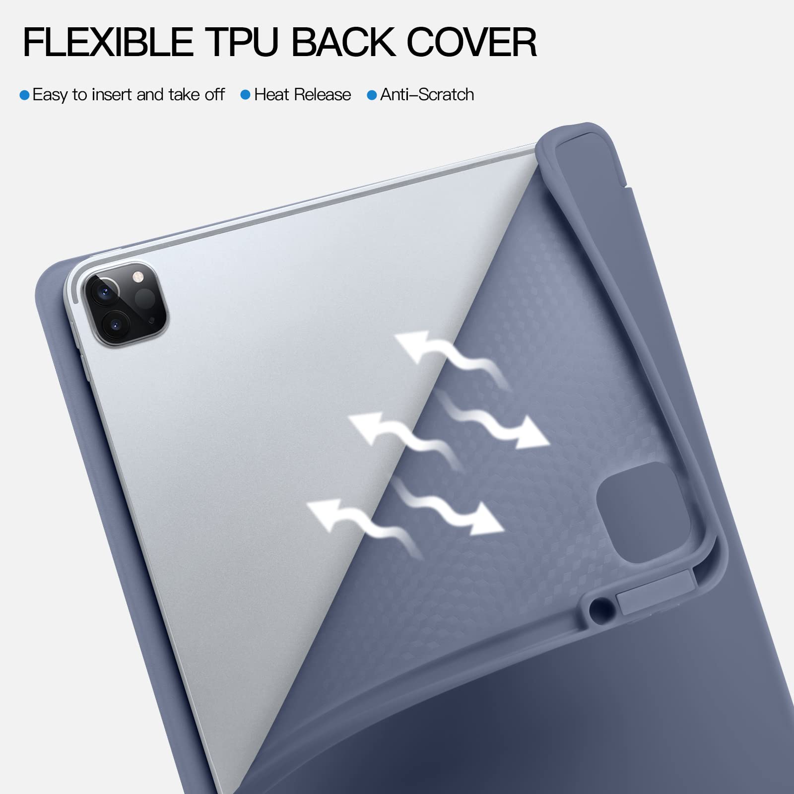 Akkerds iPad Pro 12.9 Case (6th/5th/4th/3rd Gen 2022-2018) - Premium Trifold Stand Smart Cover with Pencil Holder & Auto Wake/Sleep | Shockproof TPU Back | Blue Gray | Perfect for Work, School & Travel
